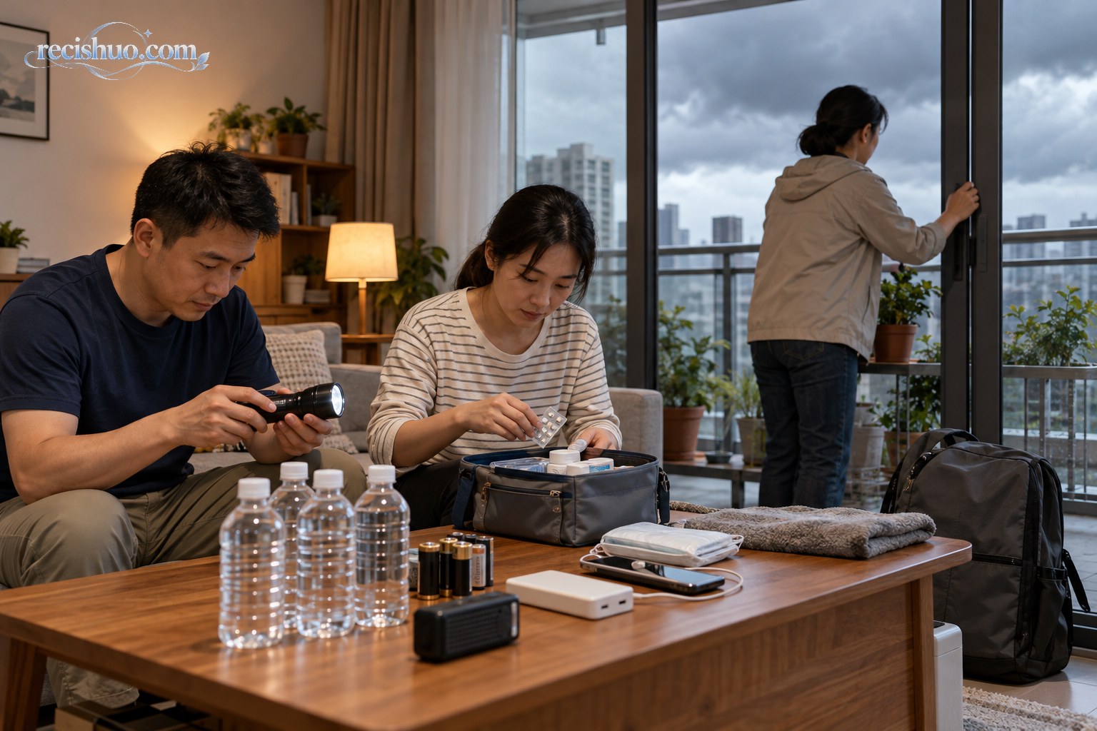 居民在家中检查手电筒、饮用水和常用药并关好阳台门窗