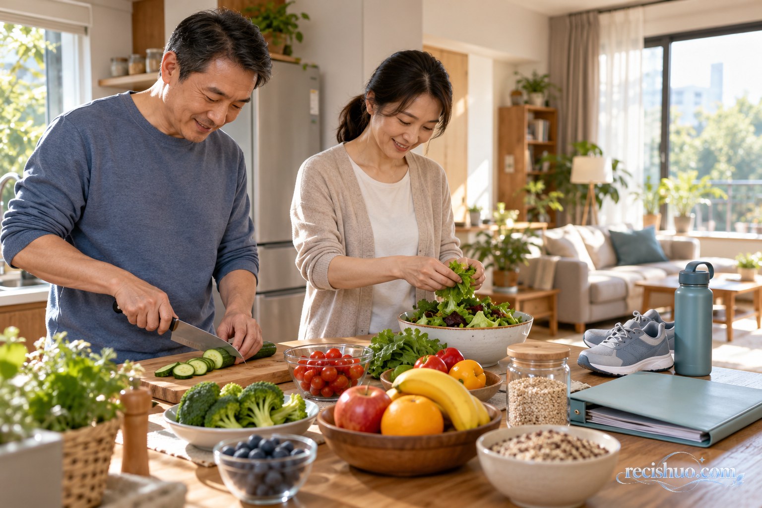 中国中年伴侣在家准备健康食物并整理运动与健康管理用品
