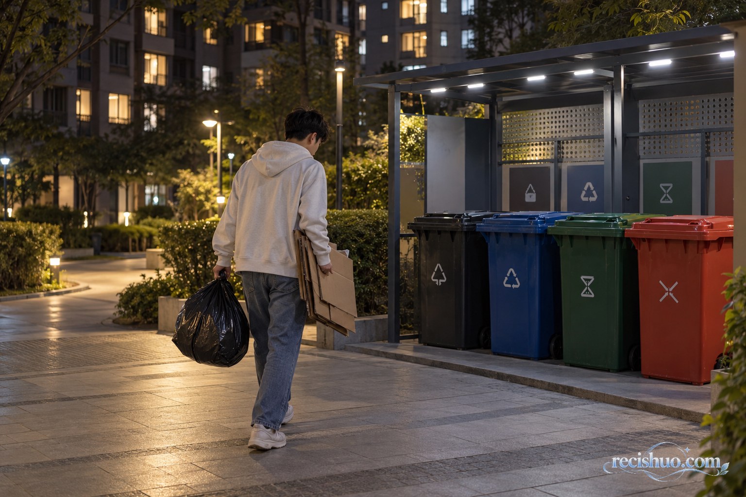夜晚的北京居民小区内,一名年轻人提着垃圾袋和折叠纸箱走向分类投放点