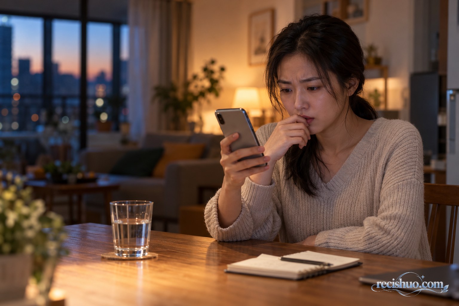 女子在家中查看手机时露出警觉神情,桌上放着纸笔和水杯
