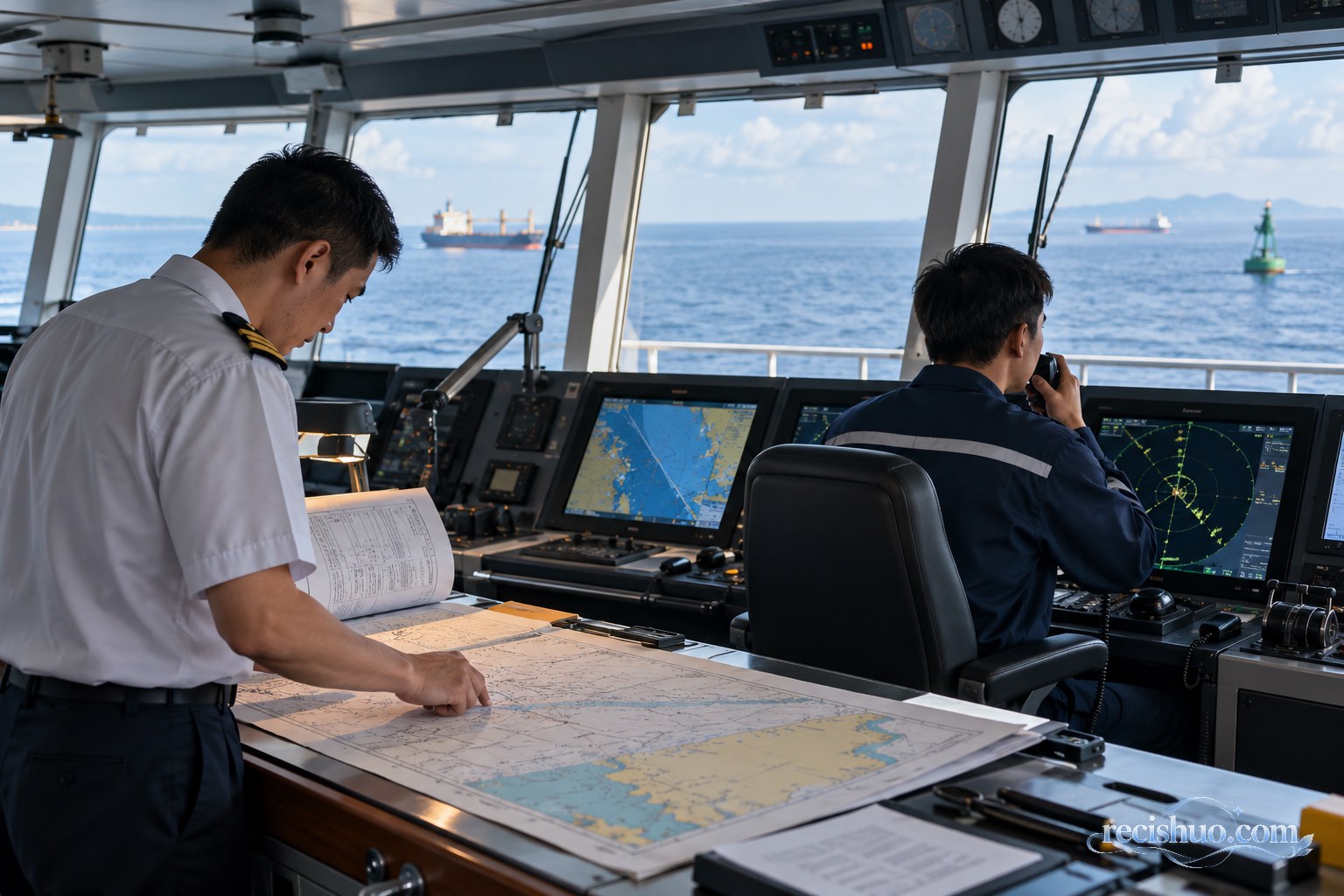 商船驾驶台内船员核对海图并观察航行态势