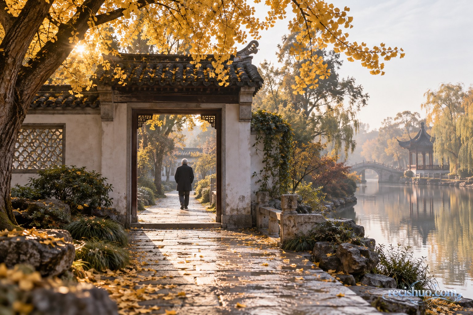 深秋晨光中的江南园林内，一位年长男性沿石板路走向园门的象征性归乡画面