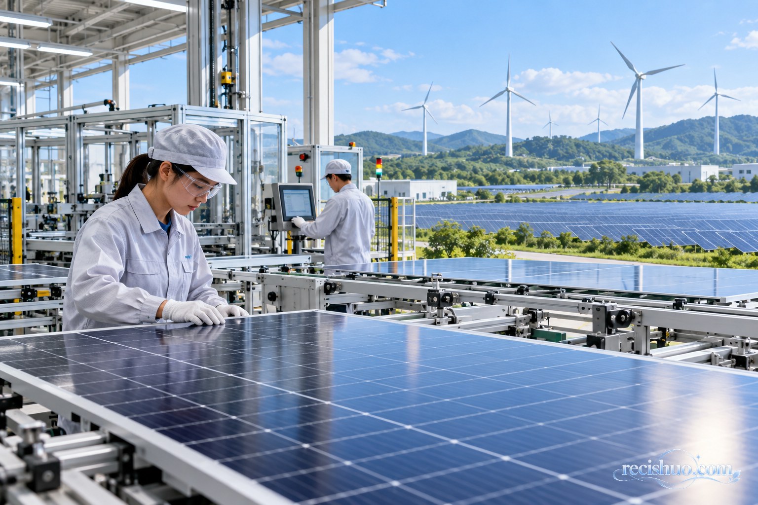 光伏组件生产车间内技术人员检查产品,远处分布着光伏板和风力发电设施