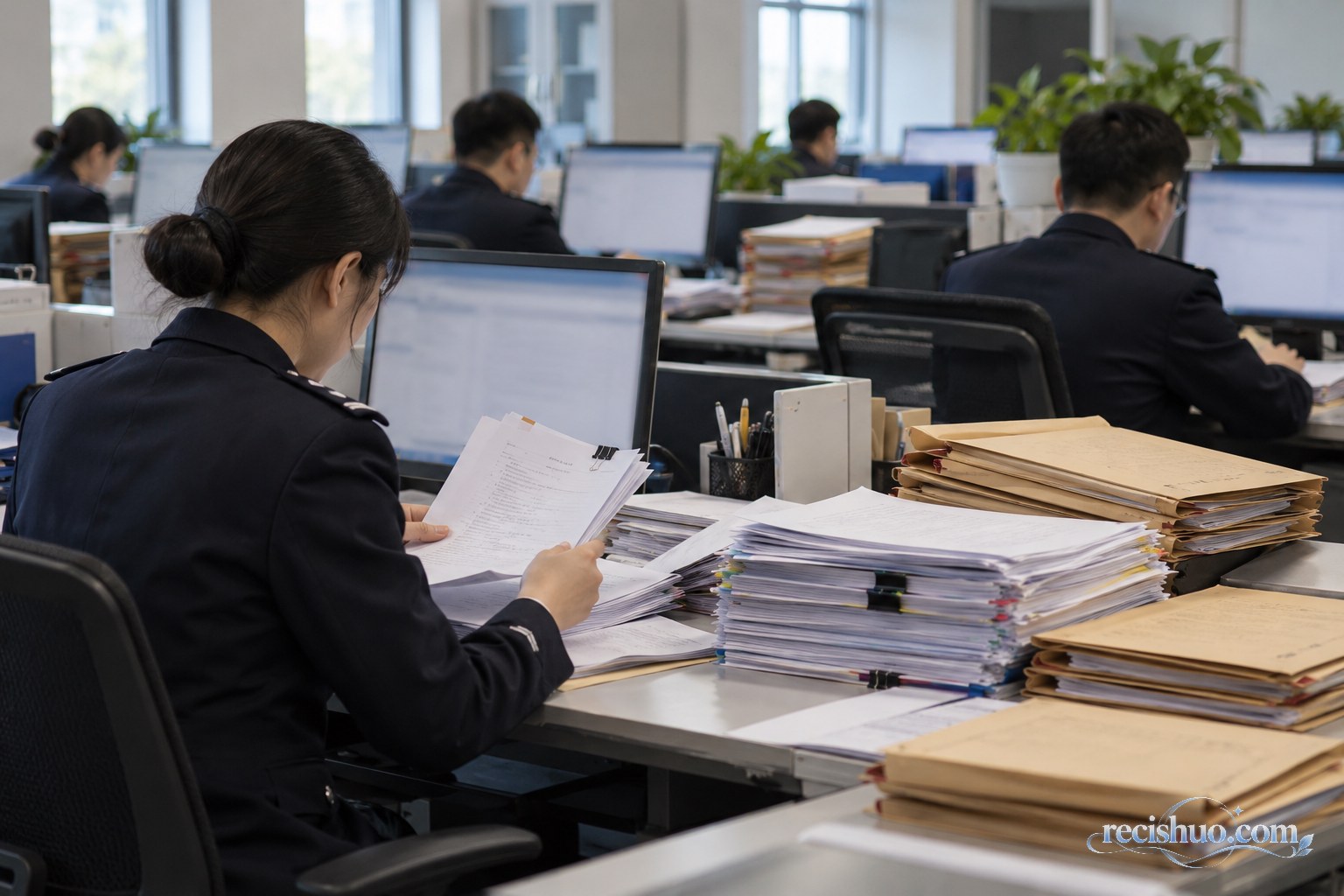 工作人员在办公场所整理和审阅大量举报材料的纪实场景