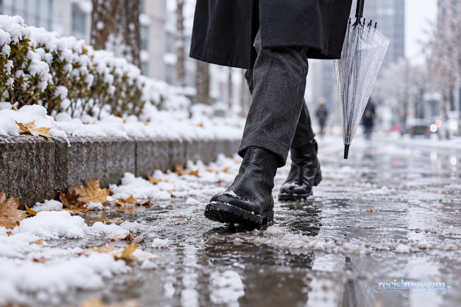 行人穿防滑短靴走过留有湿雪和积水的城市人行道