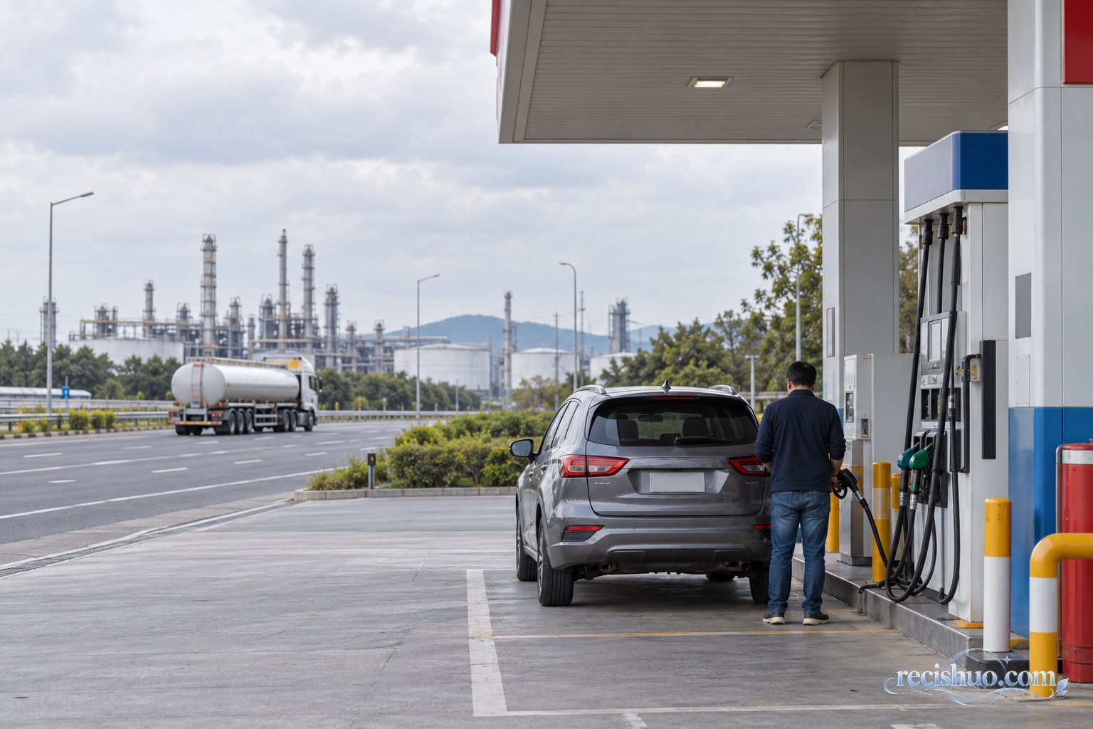 一辆家用汽车在临近炼化设施的加油站内加油