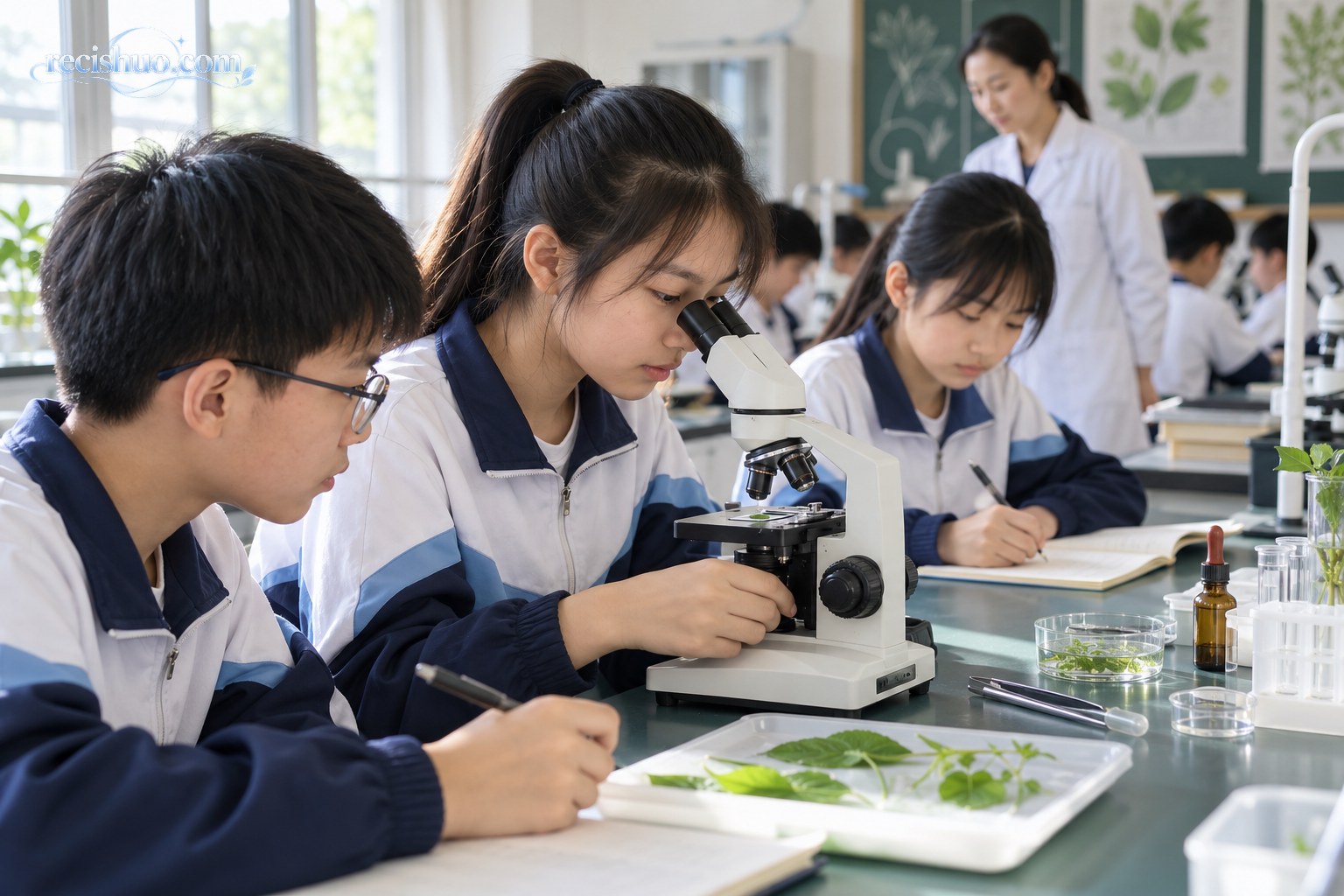 初中生在生物实验室使用显微镜观察植物样本