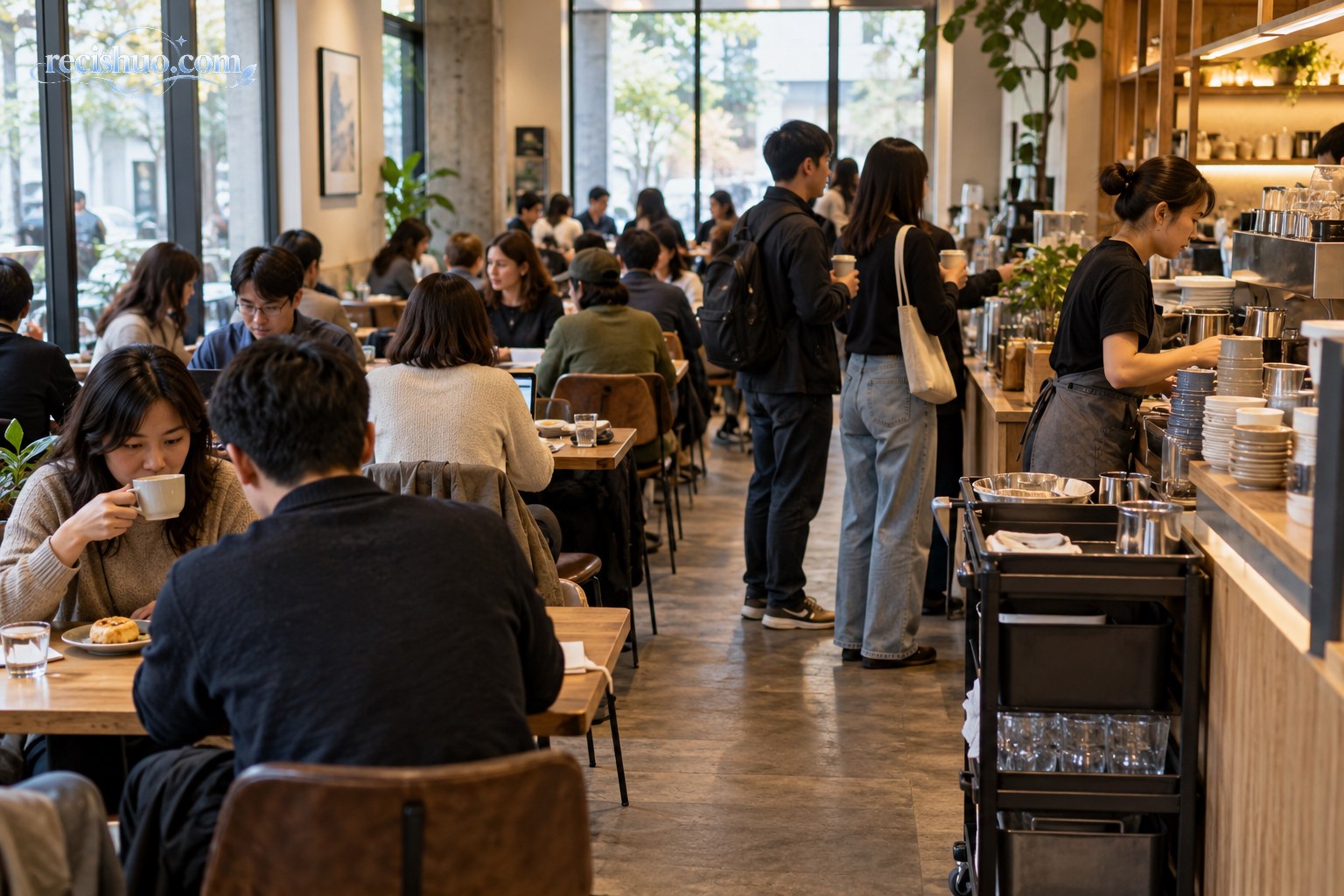 客流较多的咖啡店内座位接近坐满,工作人员正在柜台旁忙碌