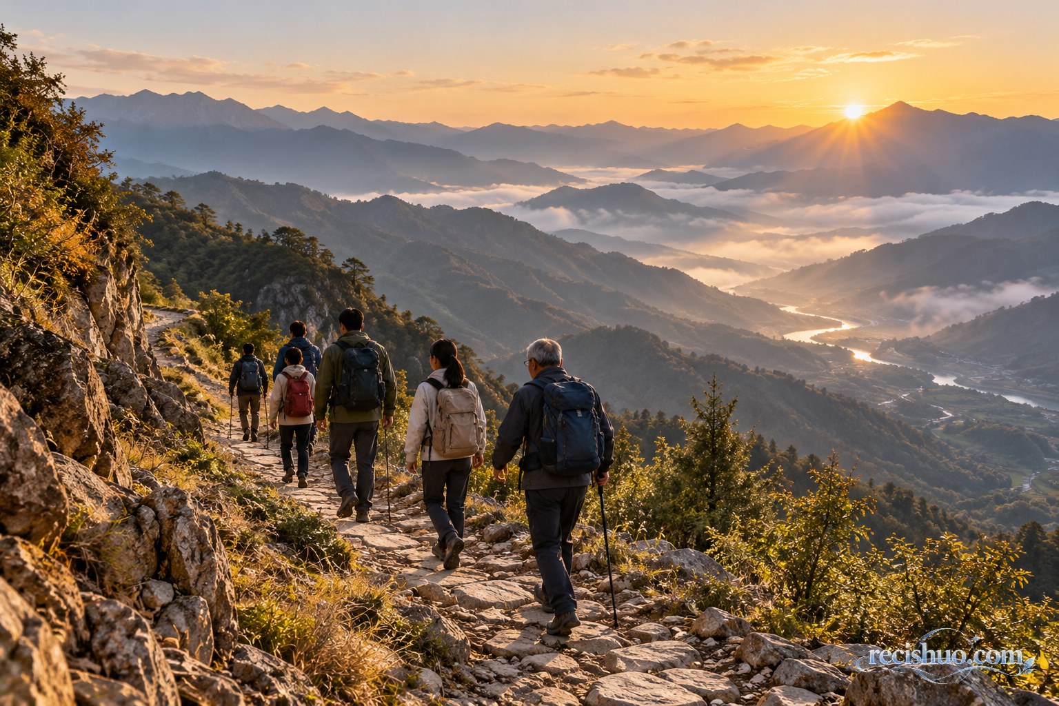 清晨群山之间,不同年龄的人们结伴沿蜿蜒山路向前行走
