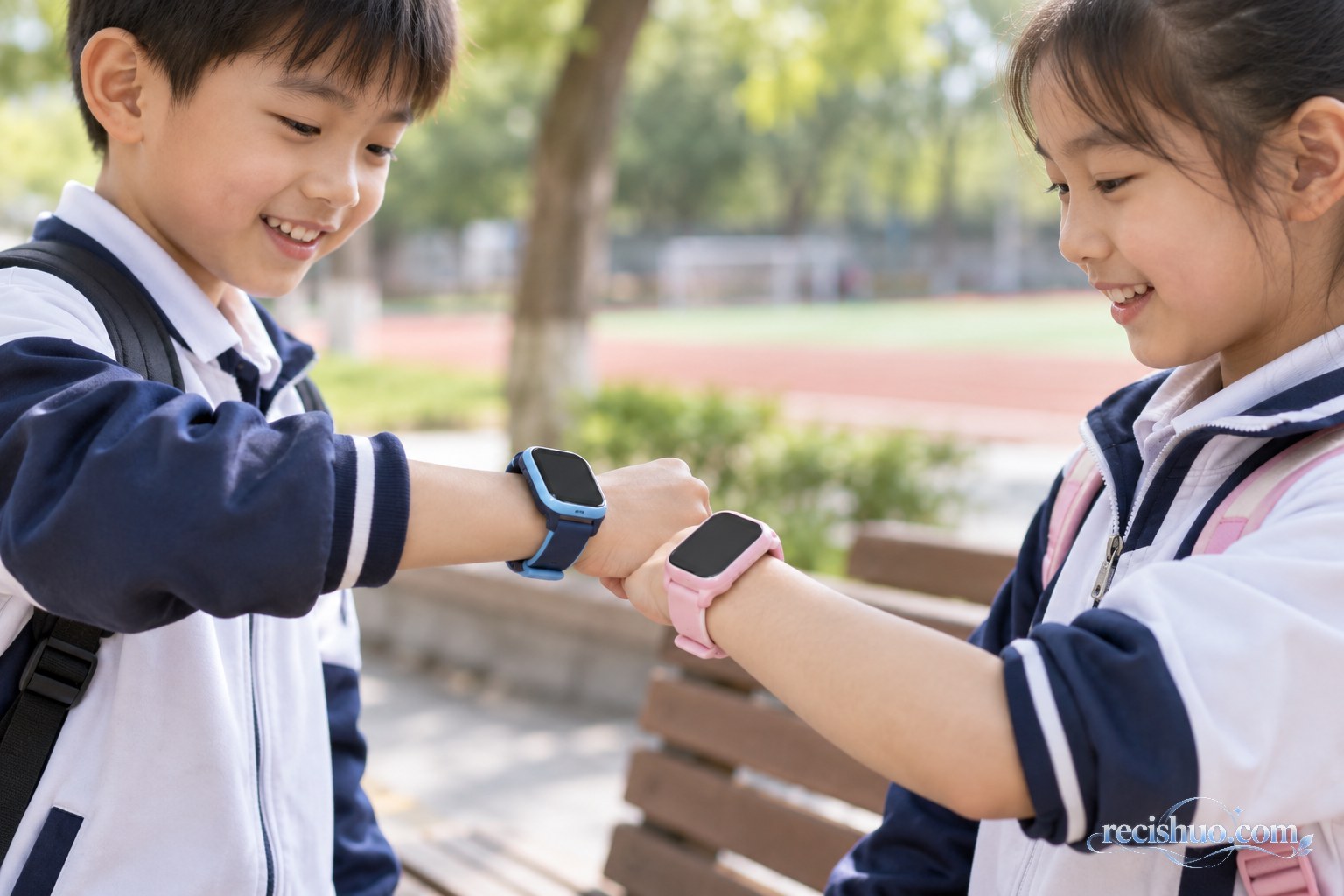 两名小学生在校园里将佩戴儿童电话手表的手腕轻轻靠近