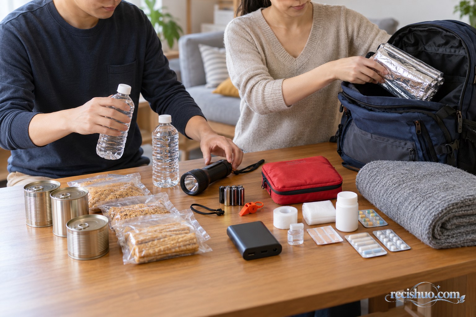 家庭成员整理饮水、食品、手电筒和急救用品等应急物资