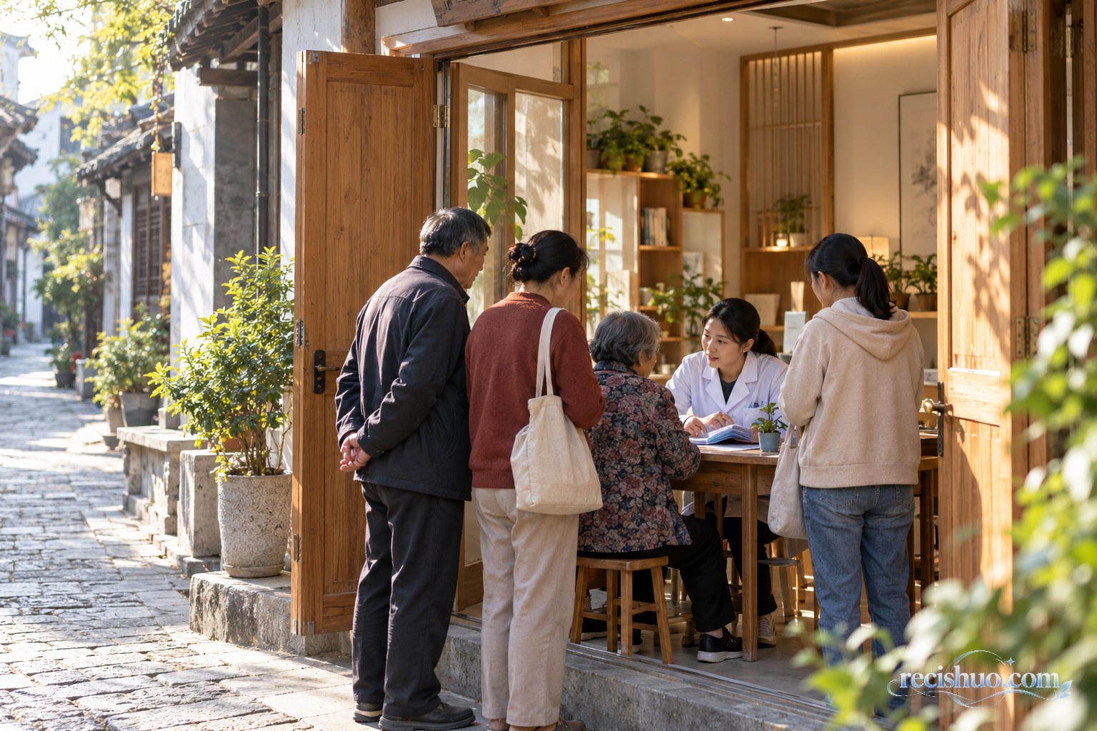 清晨小城老街的社区健康咨询空间敞开木门,居民在入口处有序了解服务