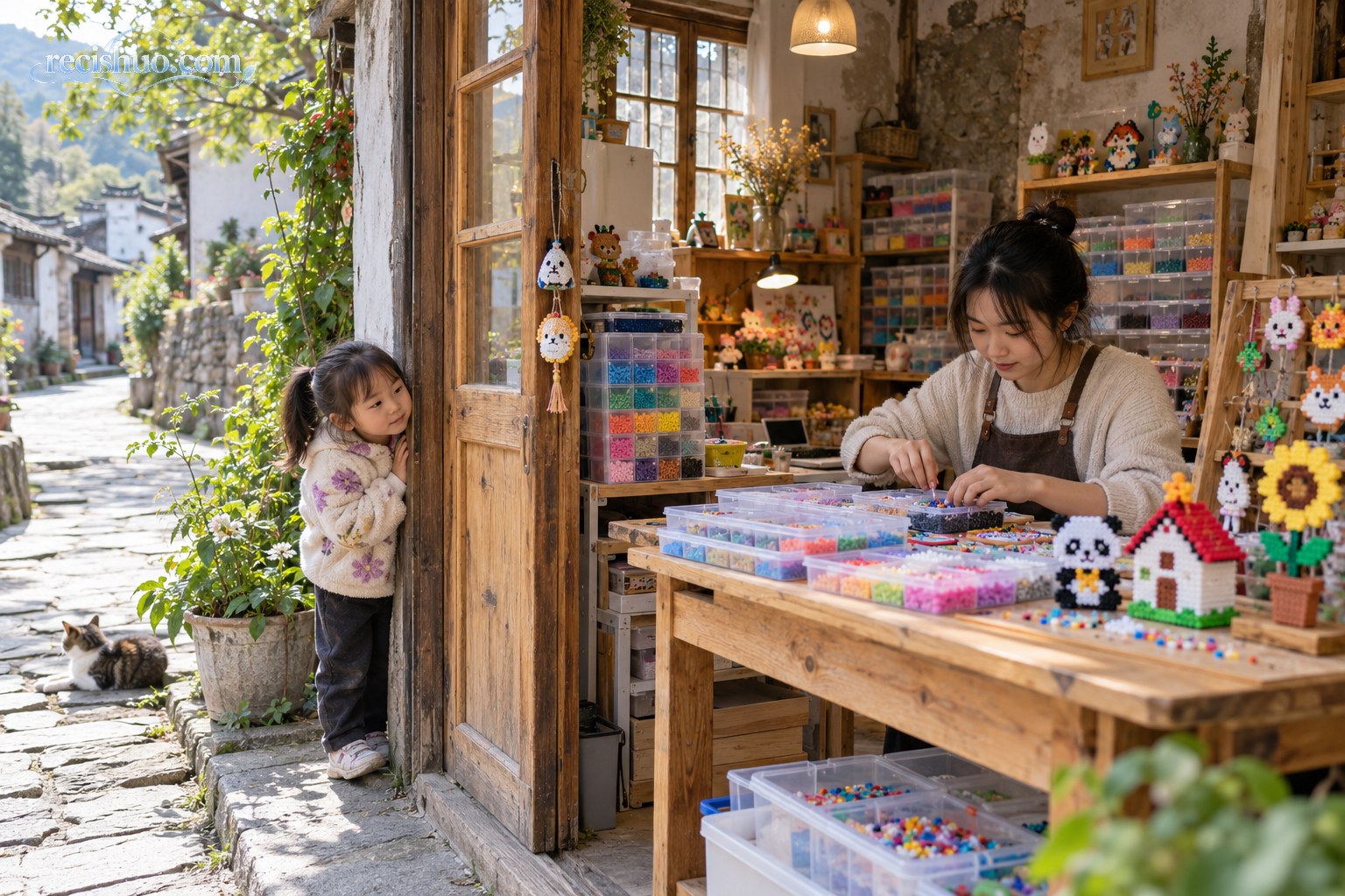 乡村临街小屋改造的拼豆手作店内,年轻店主整理材料,孩子在门口好奇观看