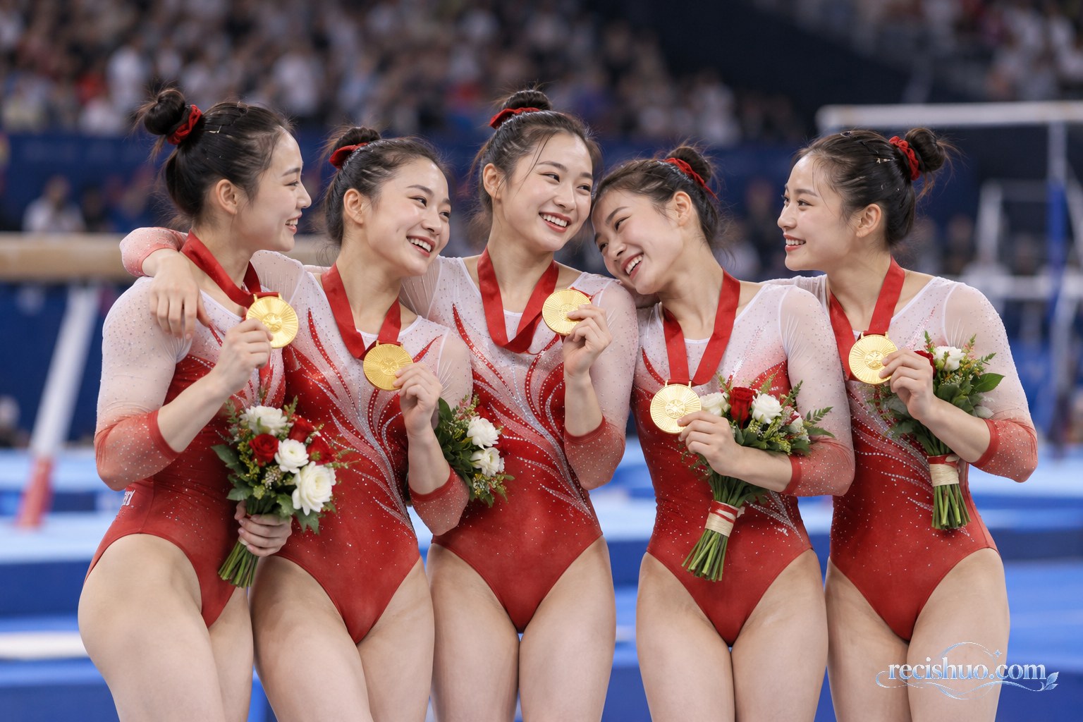 中国女子体操队员在国际赛场相互拥抱并展示金色奖牌的庆祝场景