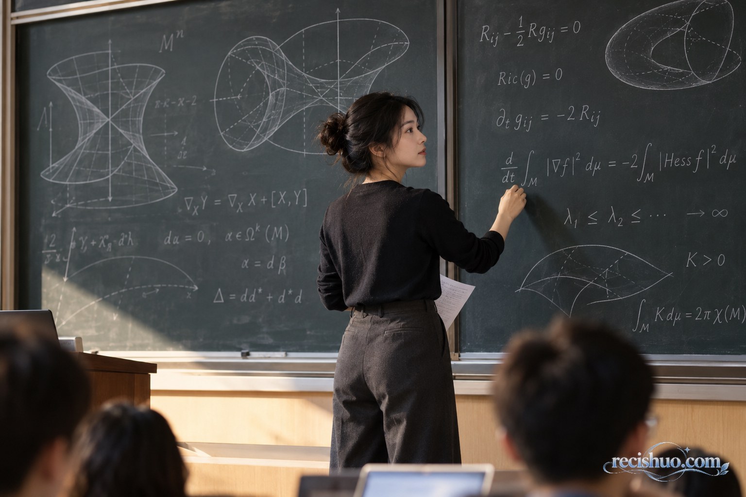 青年女性数学研究者在大学讲堂黑板前书写几何与数学公式