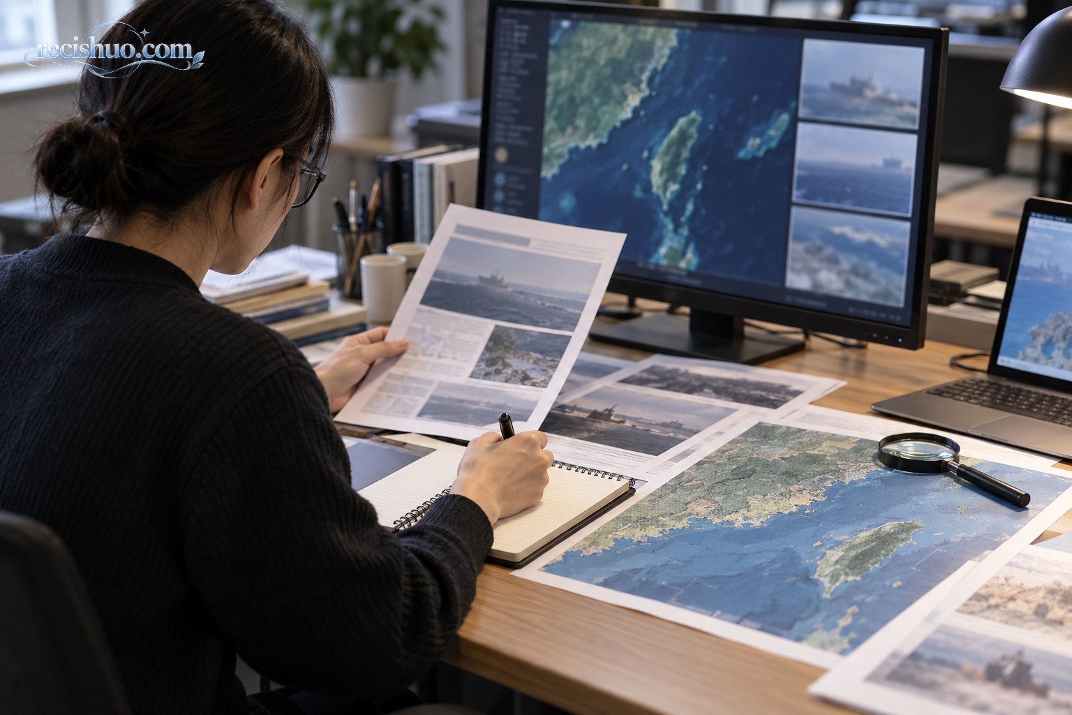 编辑在工作台前对照海域地图、图片资料与电脑信息