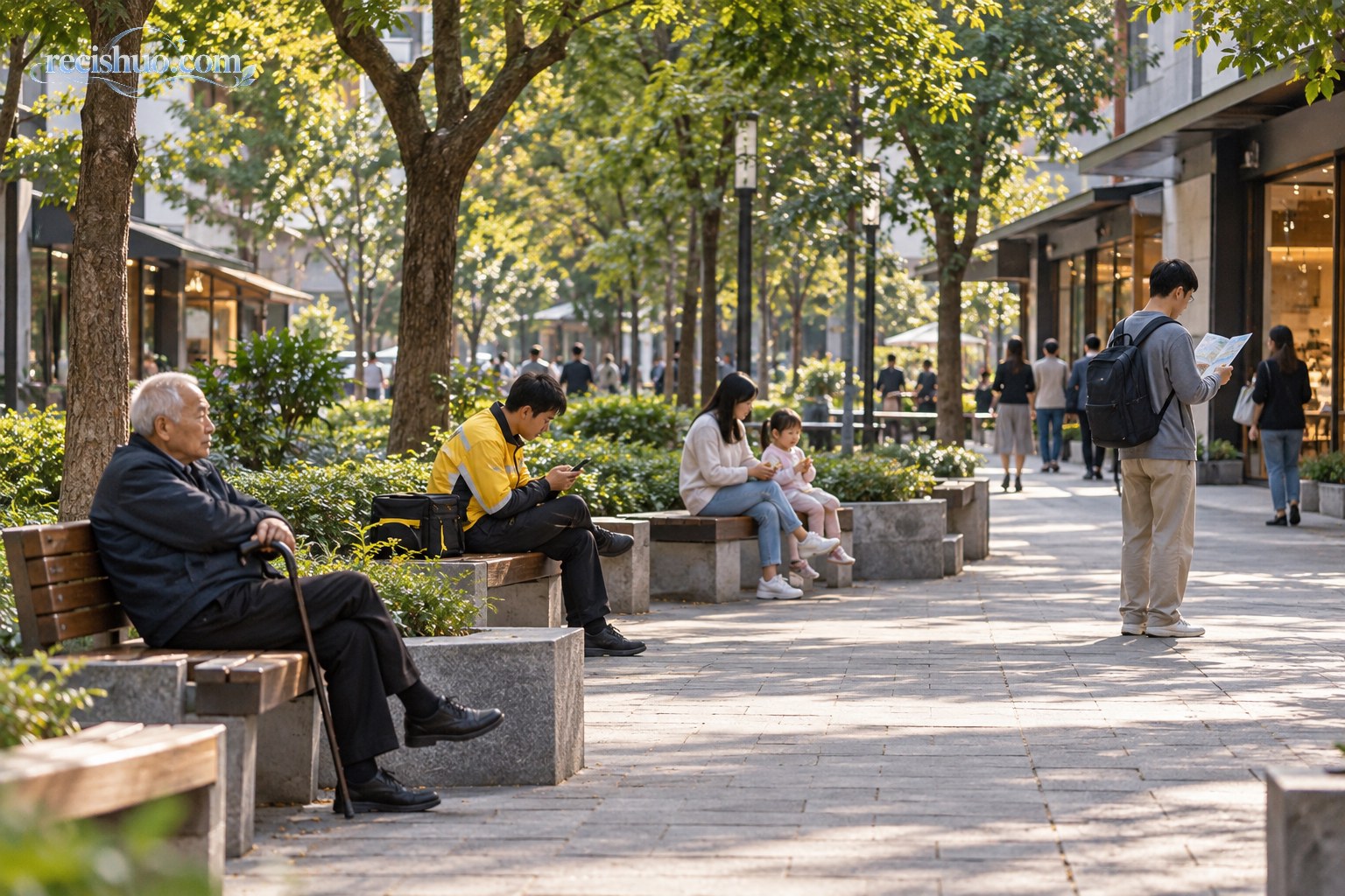 林荫步行街设置多处公共座椅,不同人群在此短暂休息
