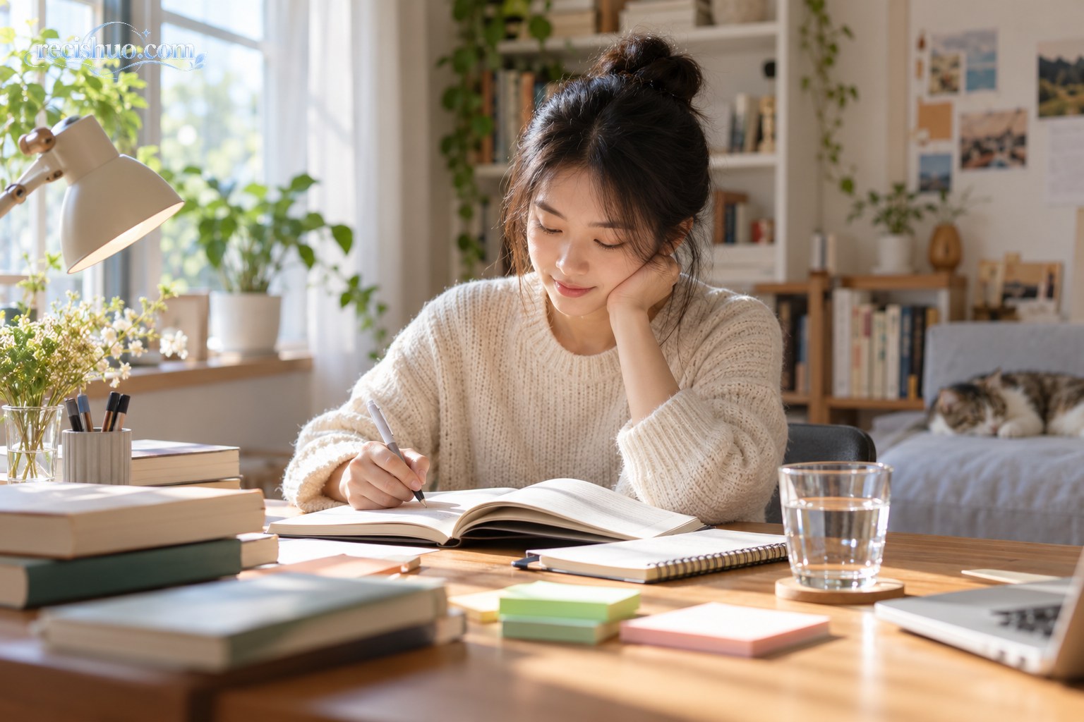 年轻人在明亮安静的居家书桌前轻松专注地阅读和做笔记