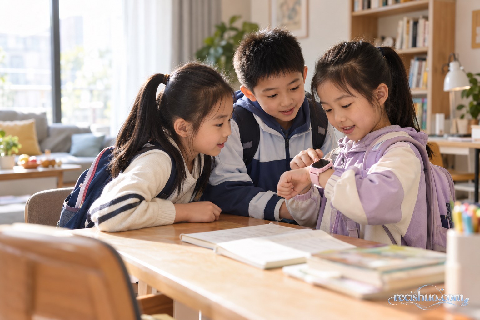 三名小学生在家中书桌旁一起查看儿童智能手表