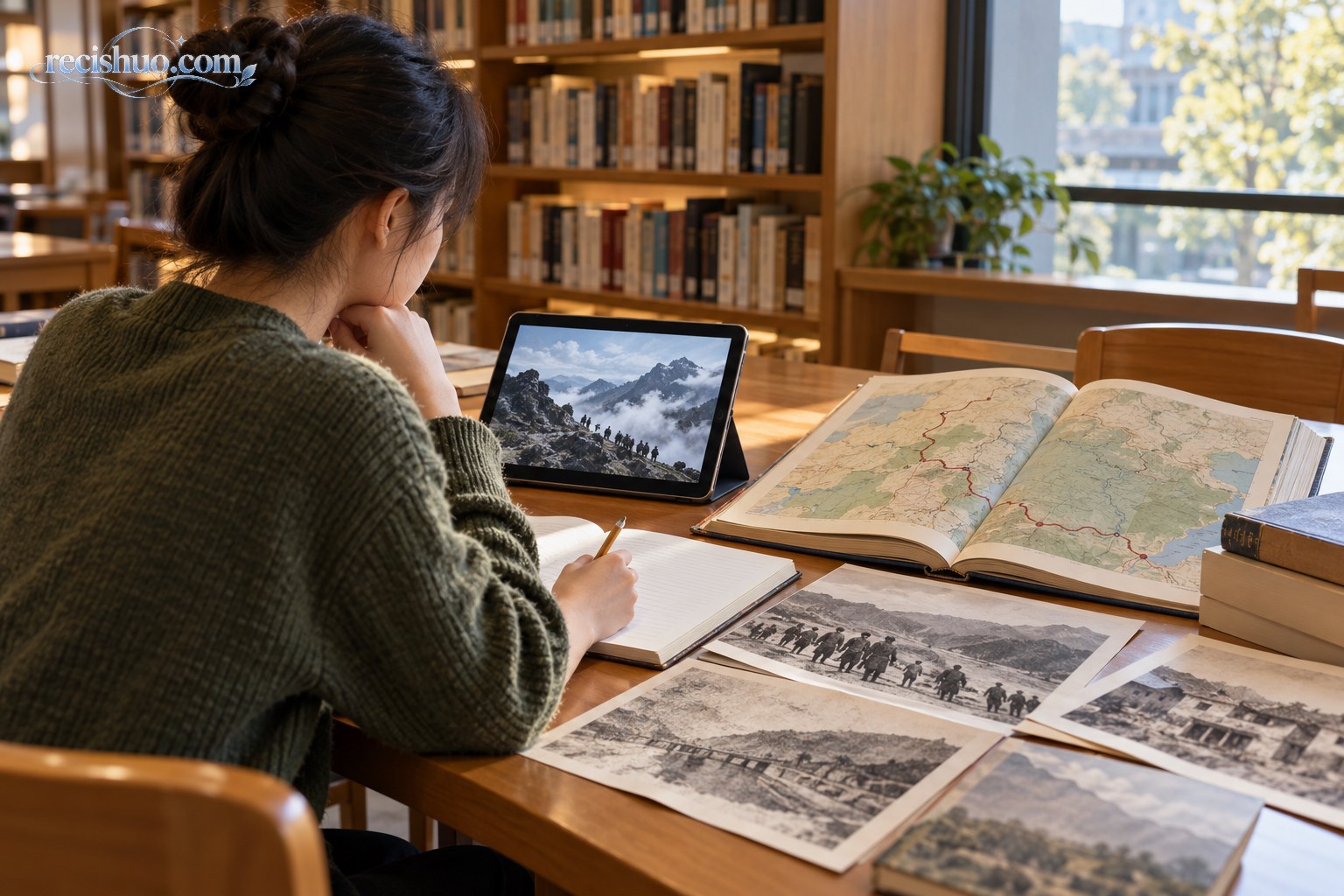 读者在图书馆对照平板画面、地图与历史资料做笔记