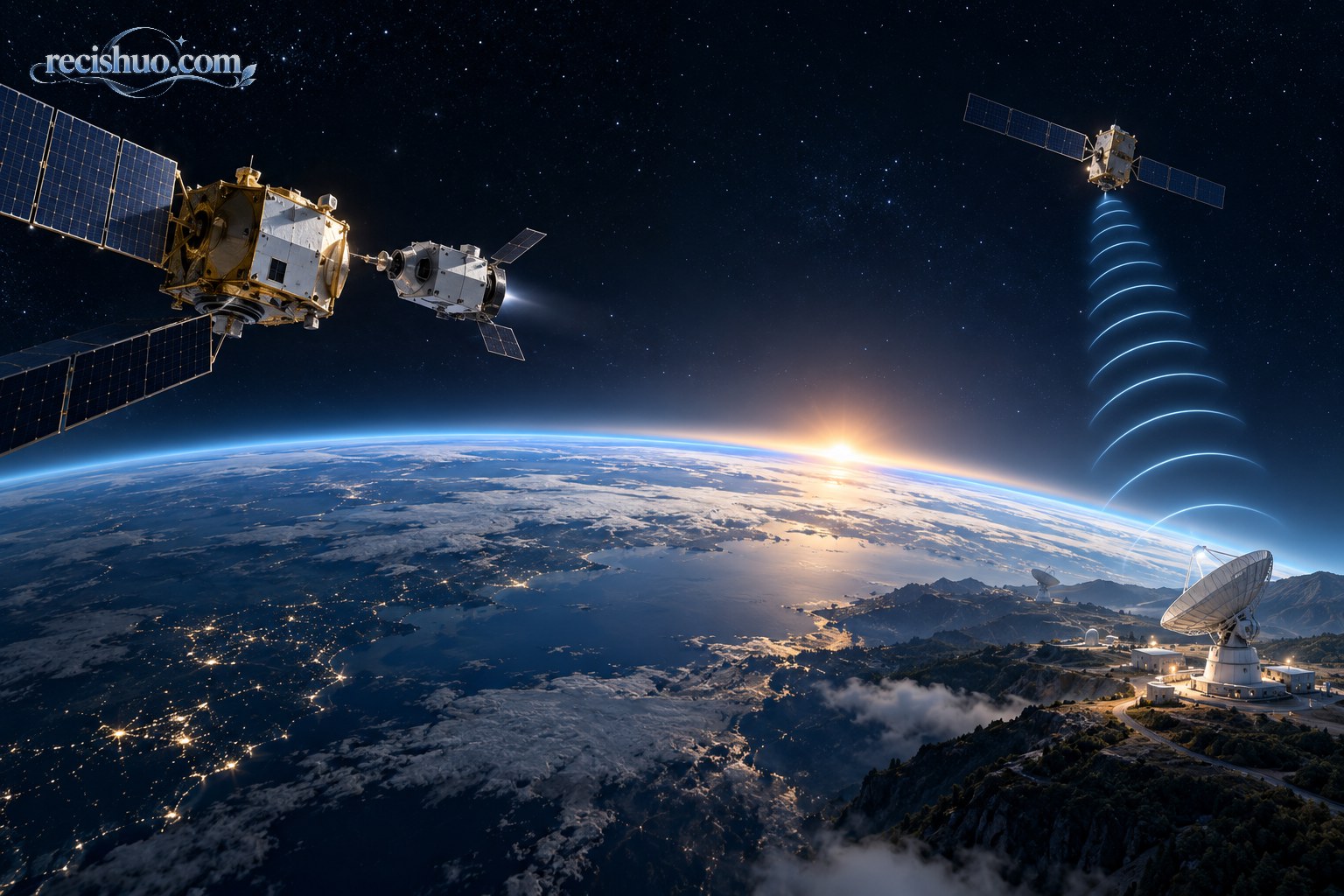 地球轨道上的卫星接近活动与地面信号干预概念画面