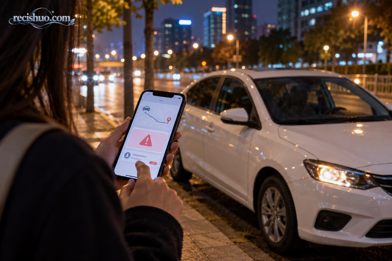 夜间城市道路旁，乘客查看手机中的顺风车异常提示，旁边停着一辆无品牌白色家用车