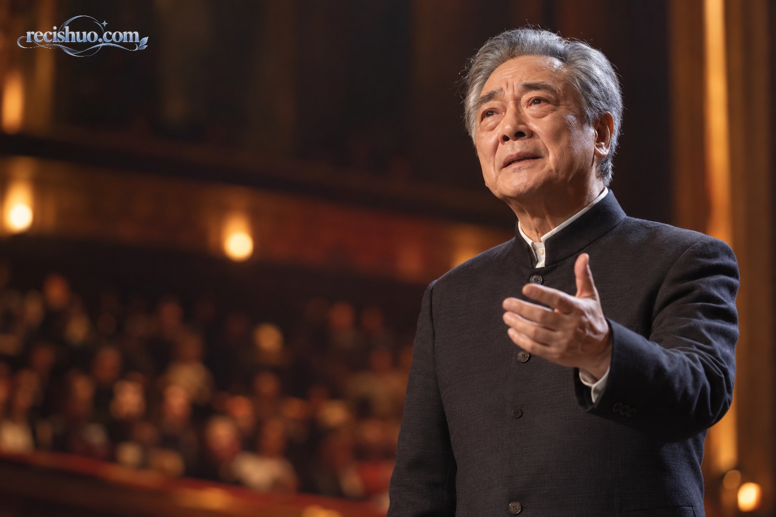 暖色舞台灯光下，一位年长男演员以克制而激动的表情完成无声表演