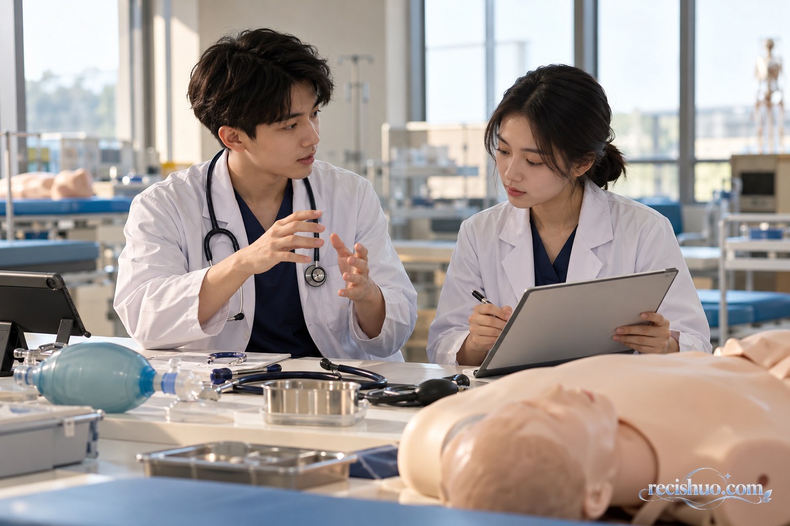 两名医学生在临床技能中心完成模拟操作后复盘训练步骤