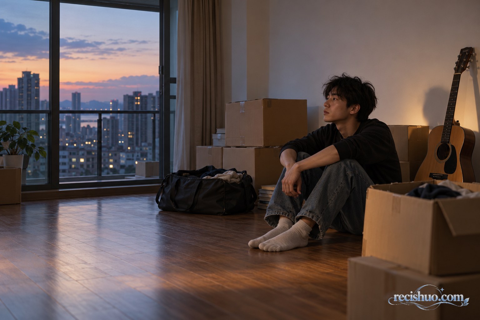 傍晚时分,一名年轻人坐在堆有搬家纸箱的空房间里安静思考