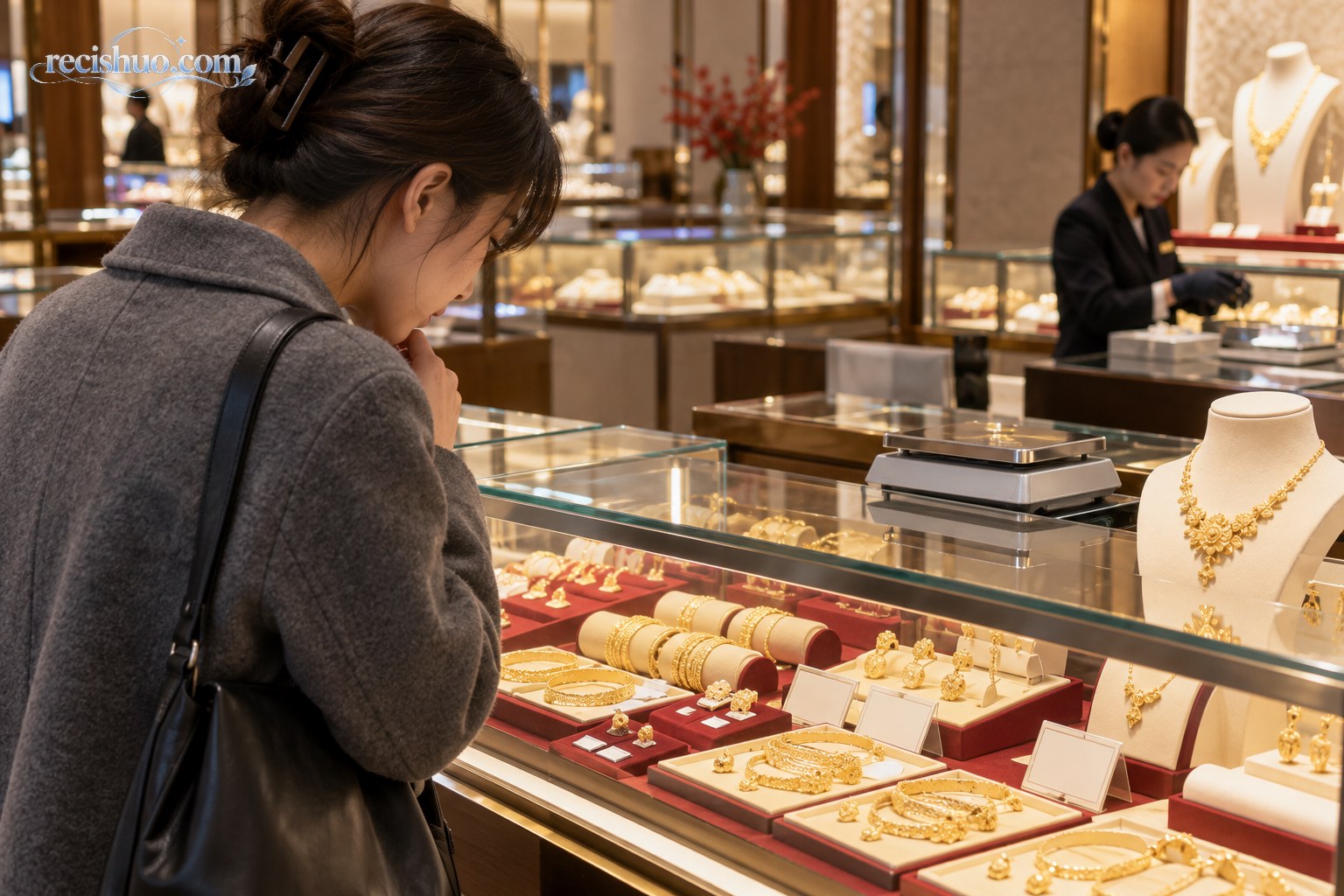 消费者在黄金珠宝店柜台前审慎查看金饰
