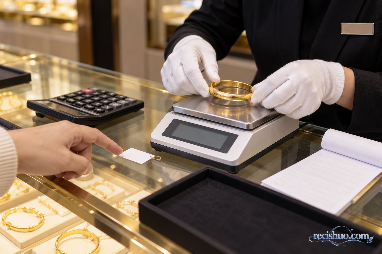 店员称量金手镯并由消费者核对标签和费用