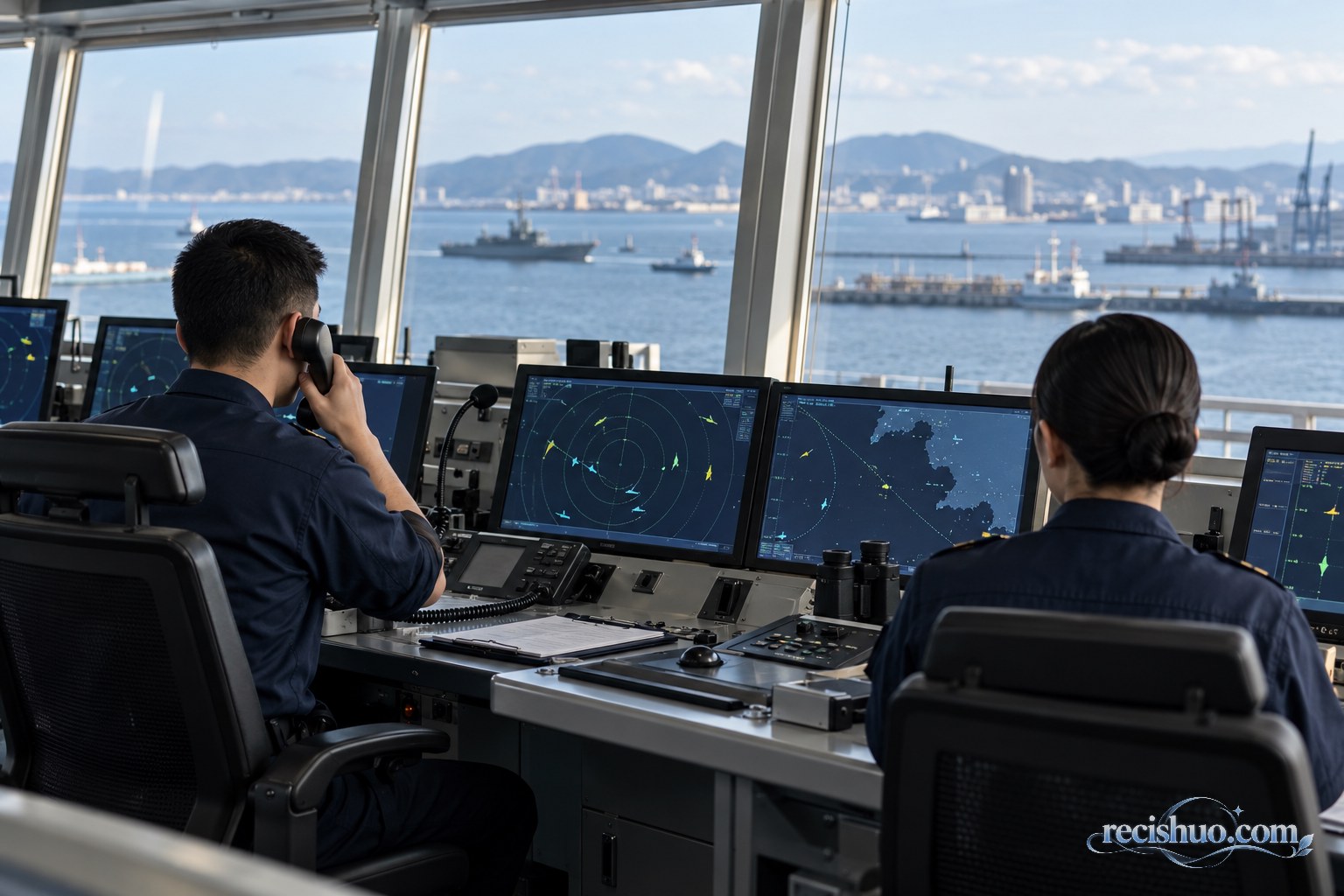 海上协调人员通过通信设备监测港外船只动态