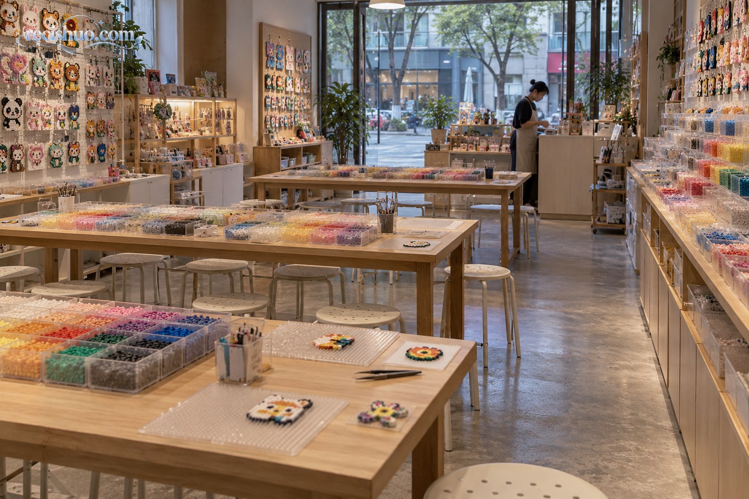 拼豆店打烊后，经营者坐在空荡的店内核对票据和经营账目