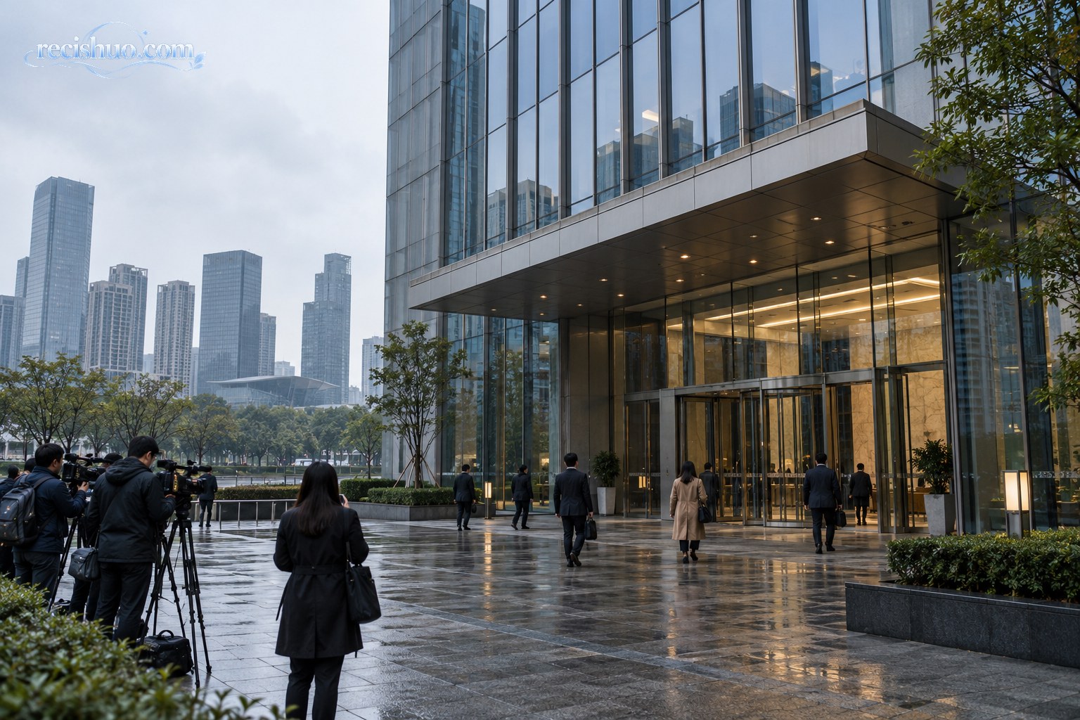 阴天里一座现代企业办公楼外聚集少量媒体人员和上班族