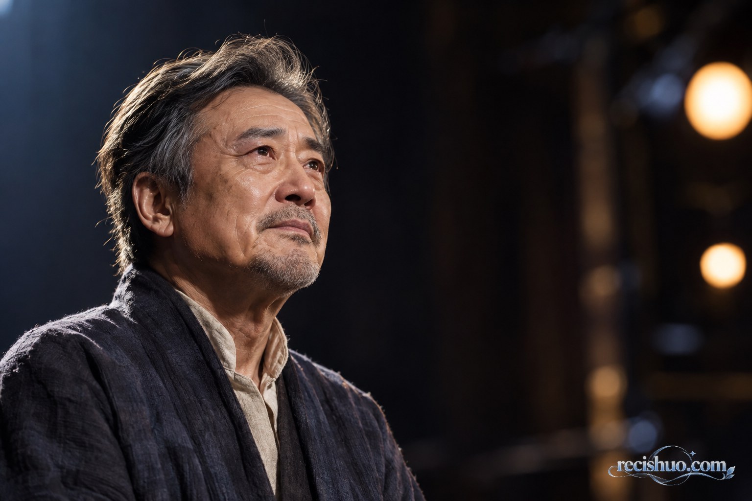舞台侧光中，年长男演员通过眼神和细微表情传递复杂情绪