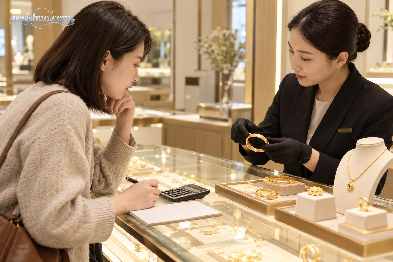 消费者在珠宝柜台前核算预算并比较黄金饰品