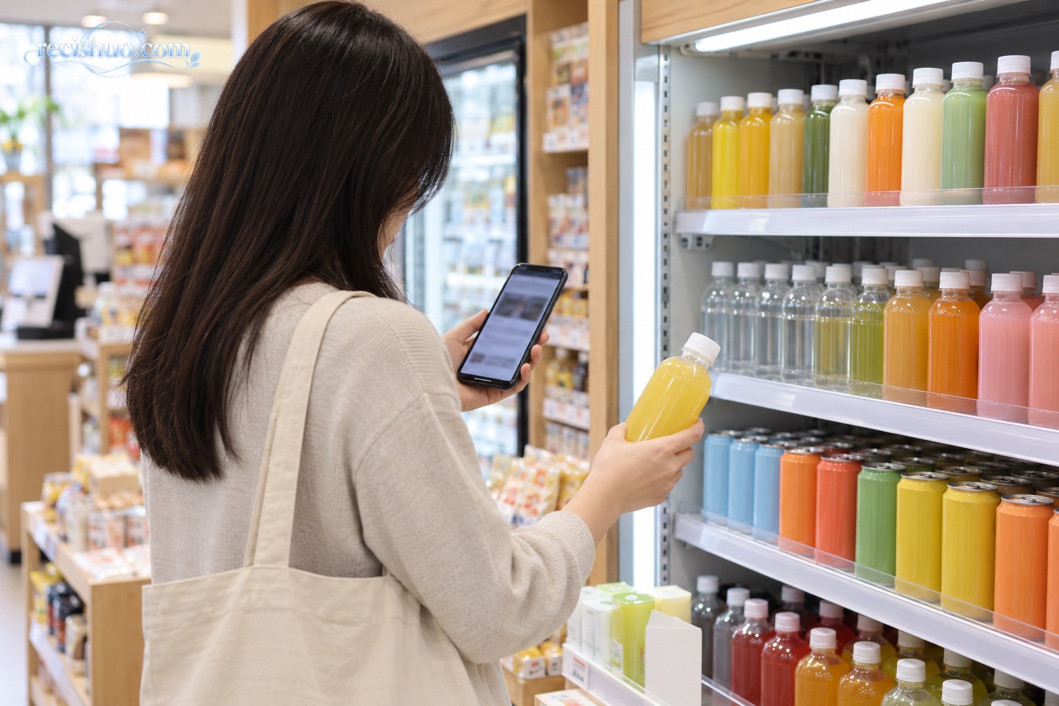 消费者在便利店查看手机信息并挑选无品牌饮品