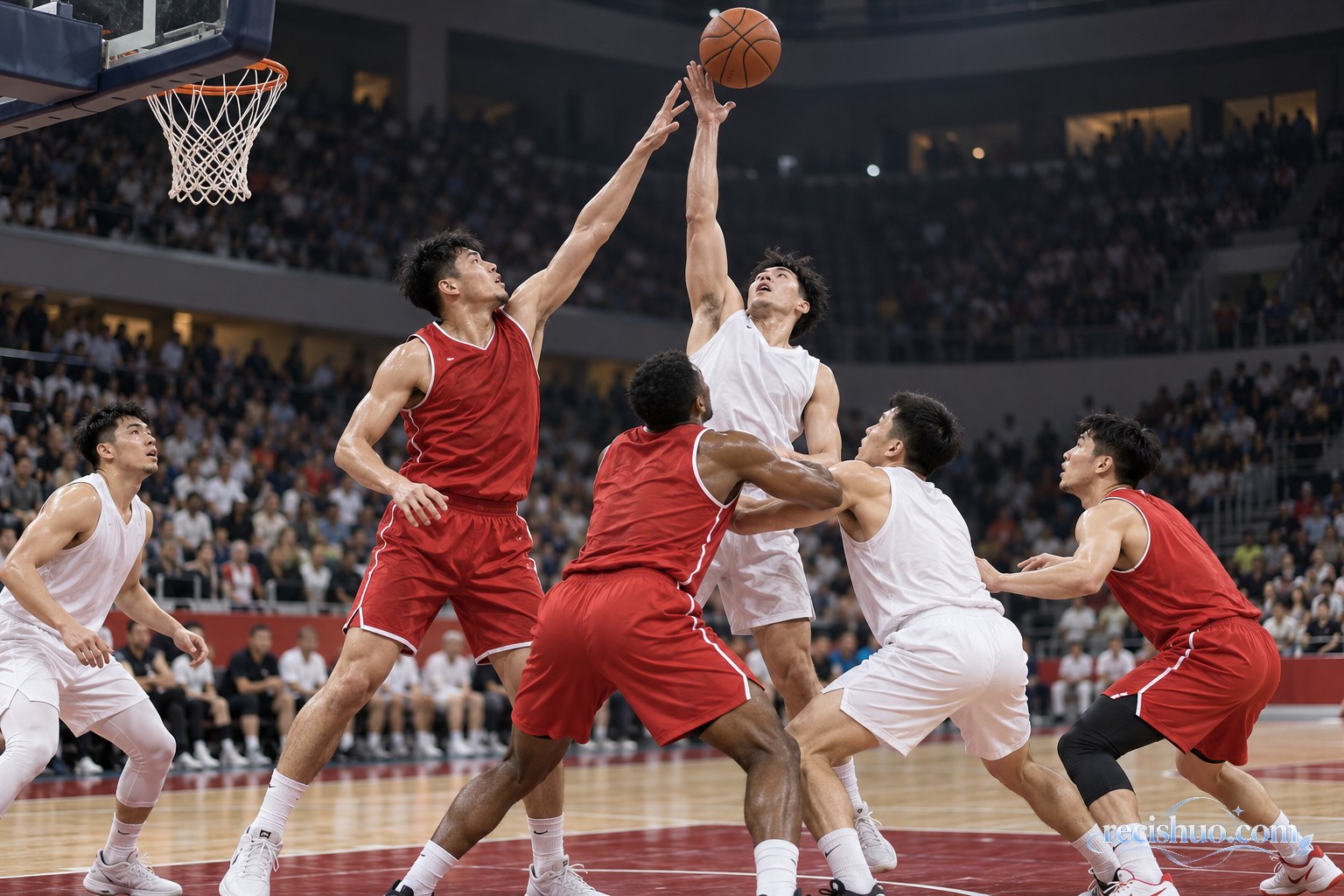 篮球比赛中防守球员在禁区协防卡位并争抢篮板的瞬间