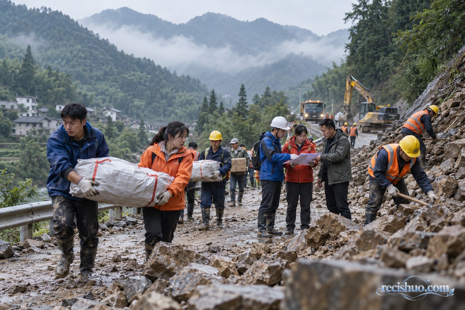 青年志愿者与工程人员在山区受损道路上协同抢通并运送物资
