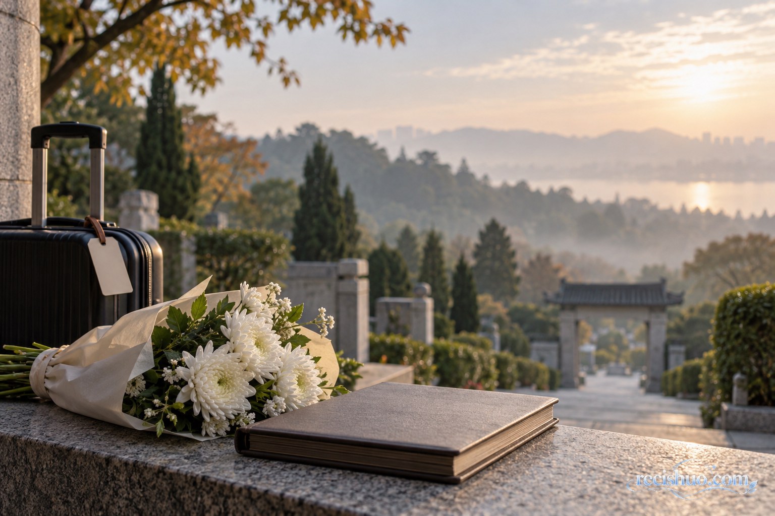 秋日晨光中的江南墓园石径，白菊、纪念册与旅行箱共同表达跨地域告别