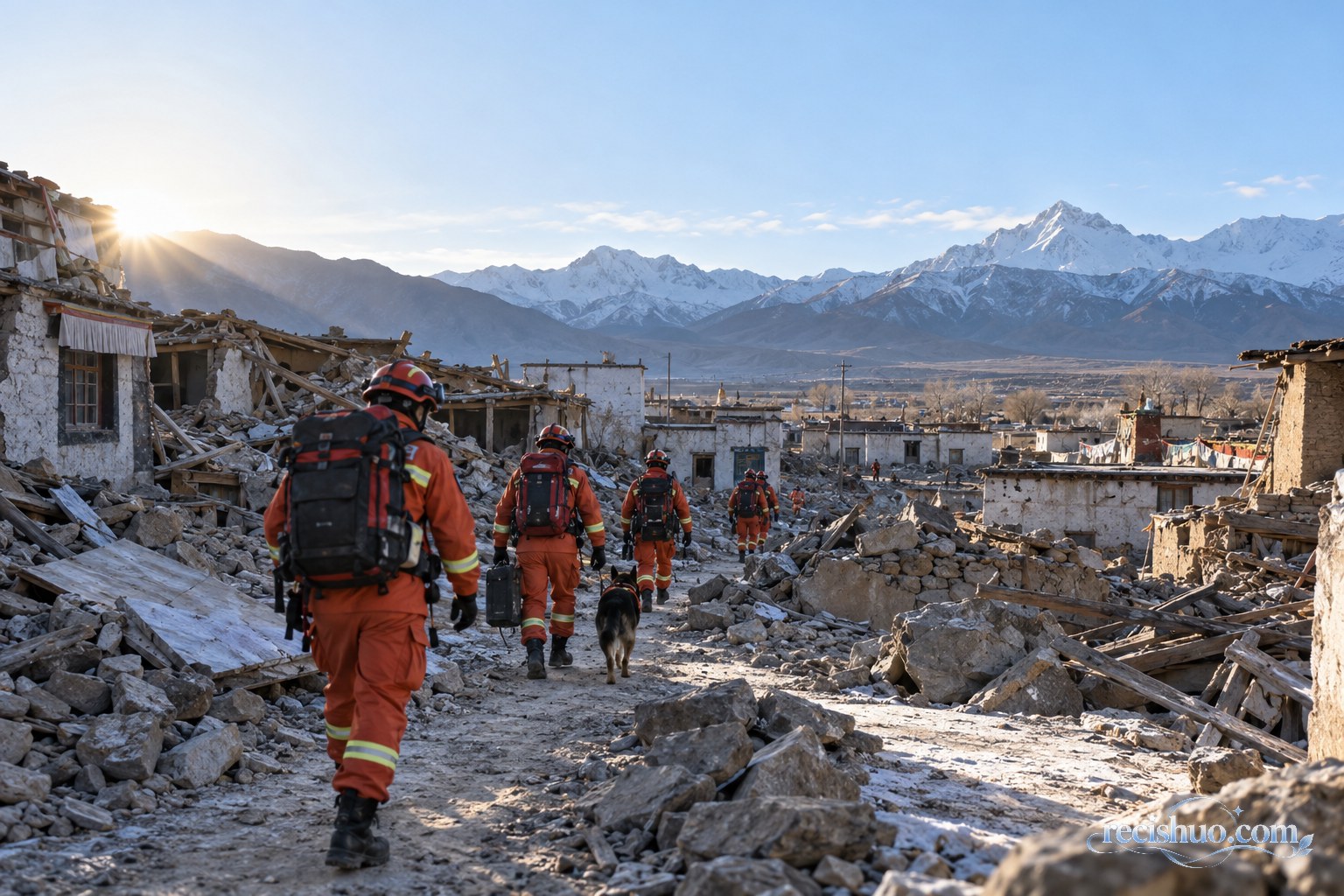 高原地震受灾村落中救援人员携带装备开展搜救的场景