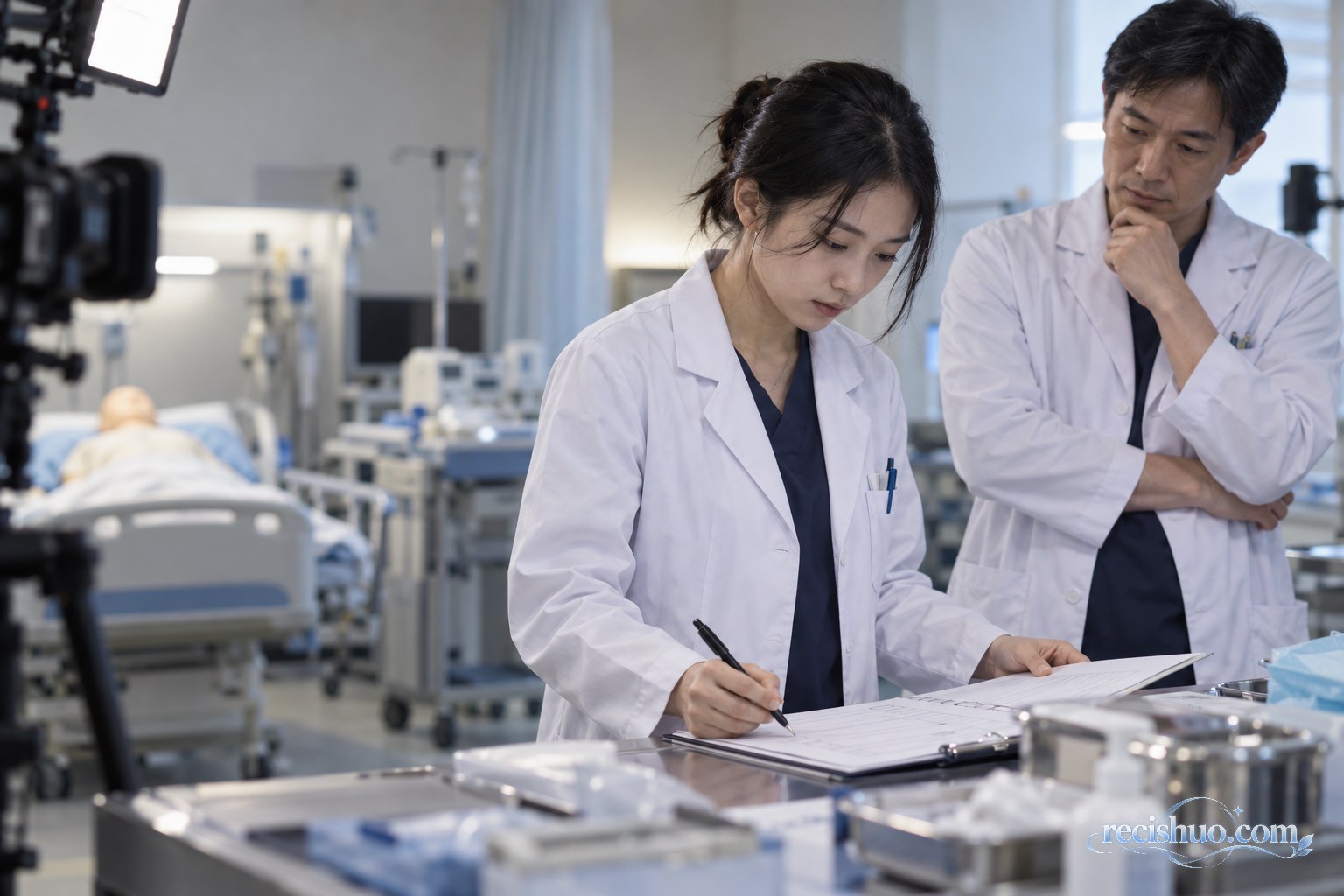 医学生在临床技能训练室核对流程,带教医生在旁审核,镜头记录训练过程