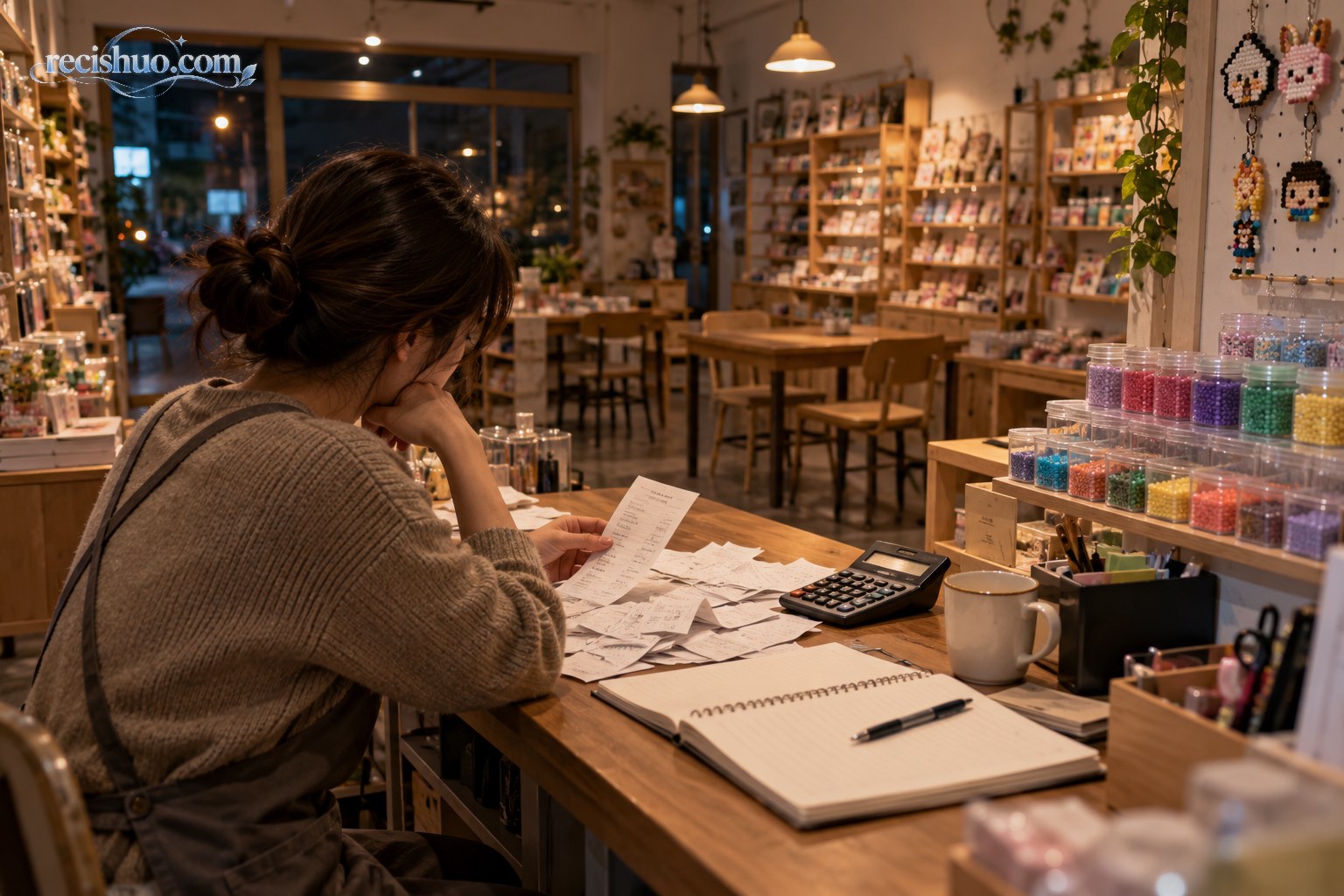 客流减少的拼豆体验店内摆放着大量彩色拼豆材料，店主独自在柜台整理物品