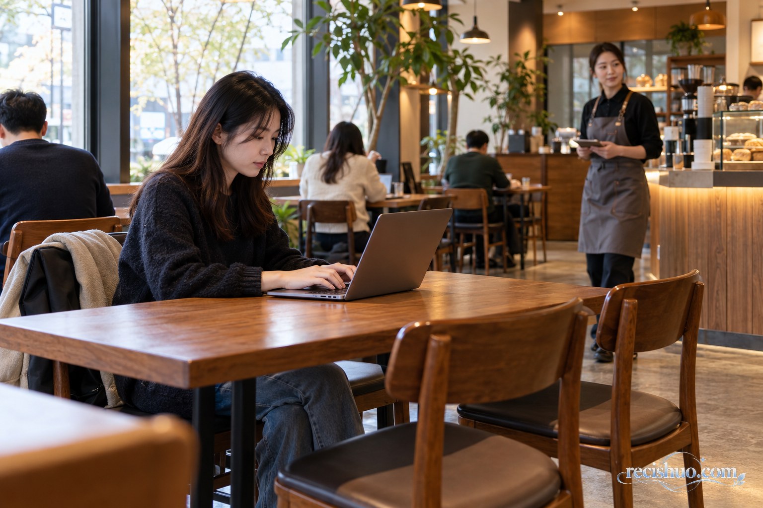 咖啡店内一名顾客使用笔记本电脑，店员在远处留意座位情况