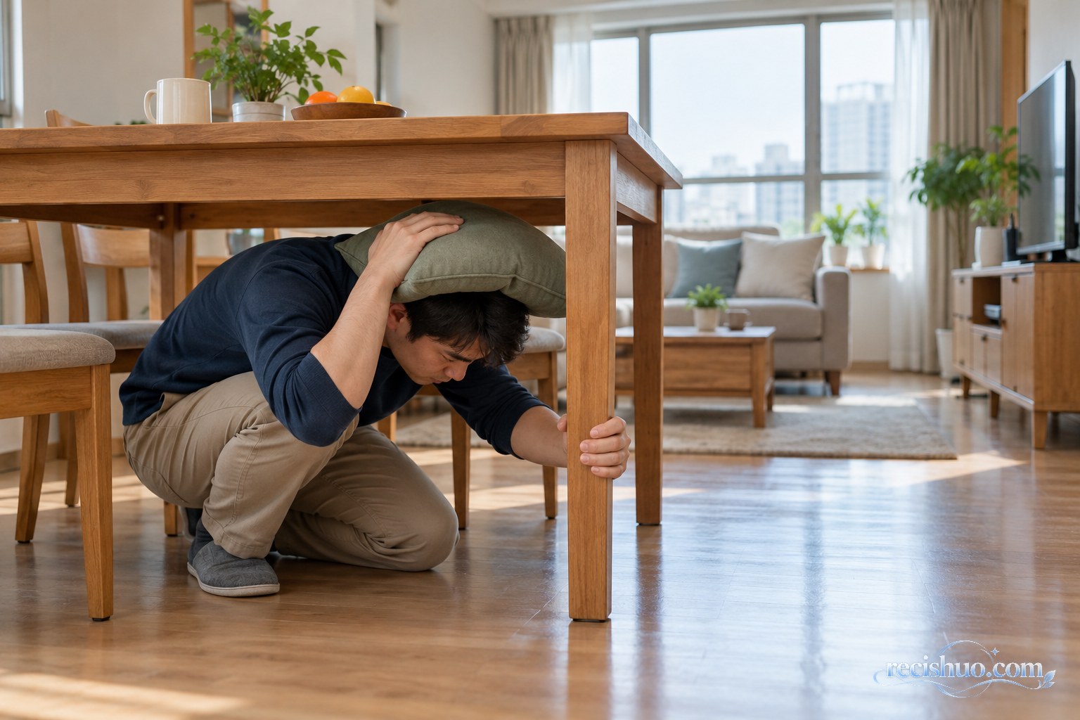 居民在结实桌子下蹲低身体并用软垫保护头颈