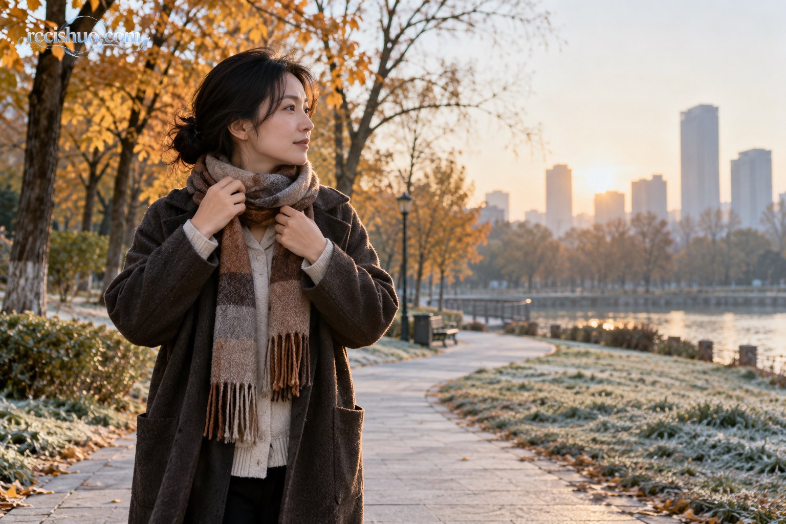 深秋清晨，一名女子在城市公园整理围巾和外套