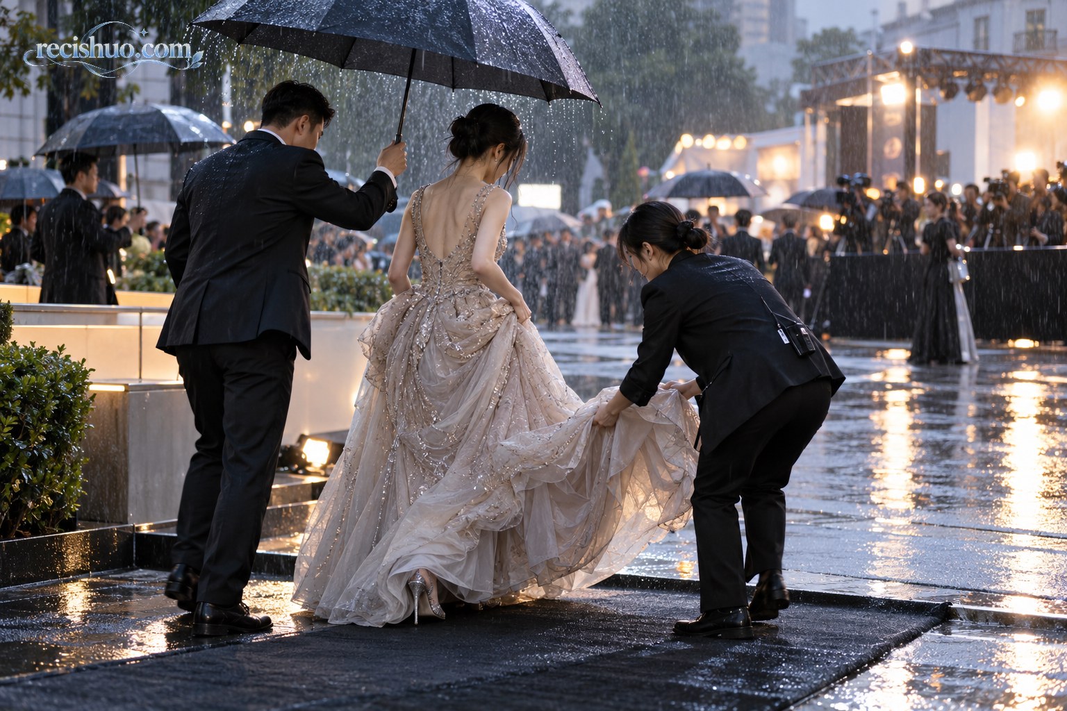 突降大雨的户外活动现场,工作人员撑伞并协助女性嘉宾保护礼服下摆
