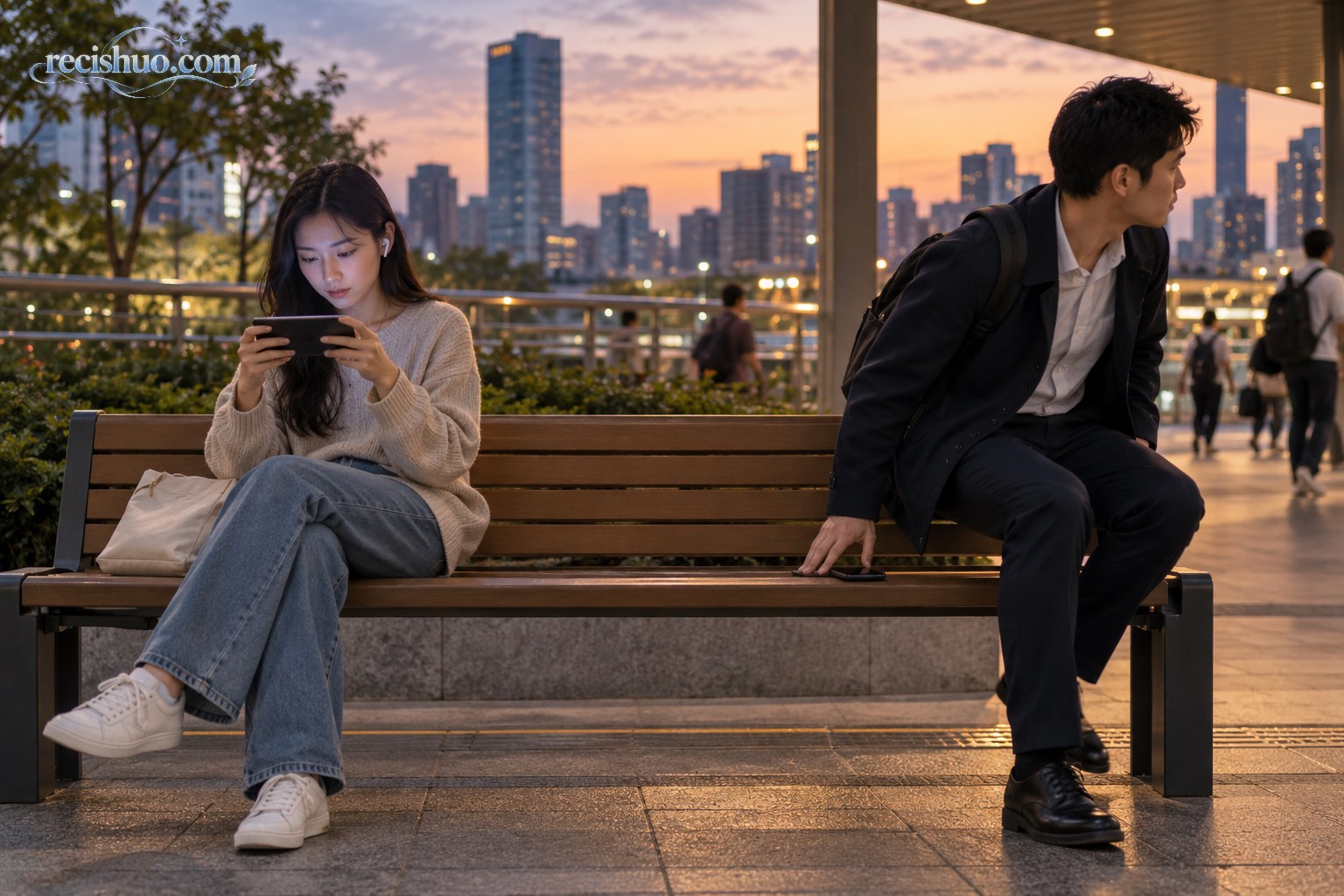 两名通勤者呈现继续观看与放下手机的不同选择