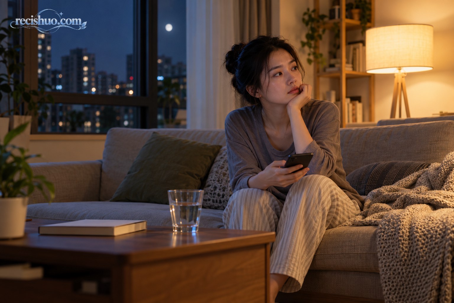 深夜客厅里,一名年轻观众手持手机暂停观看并若有所思