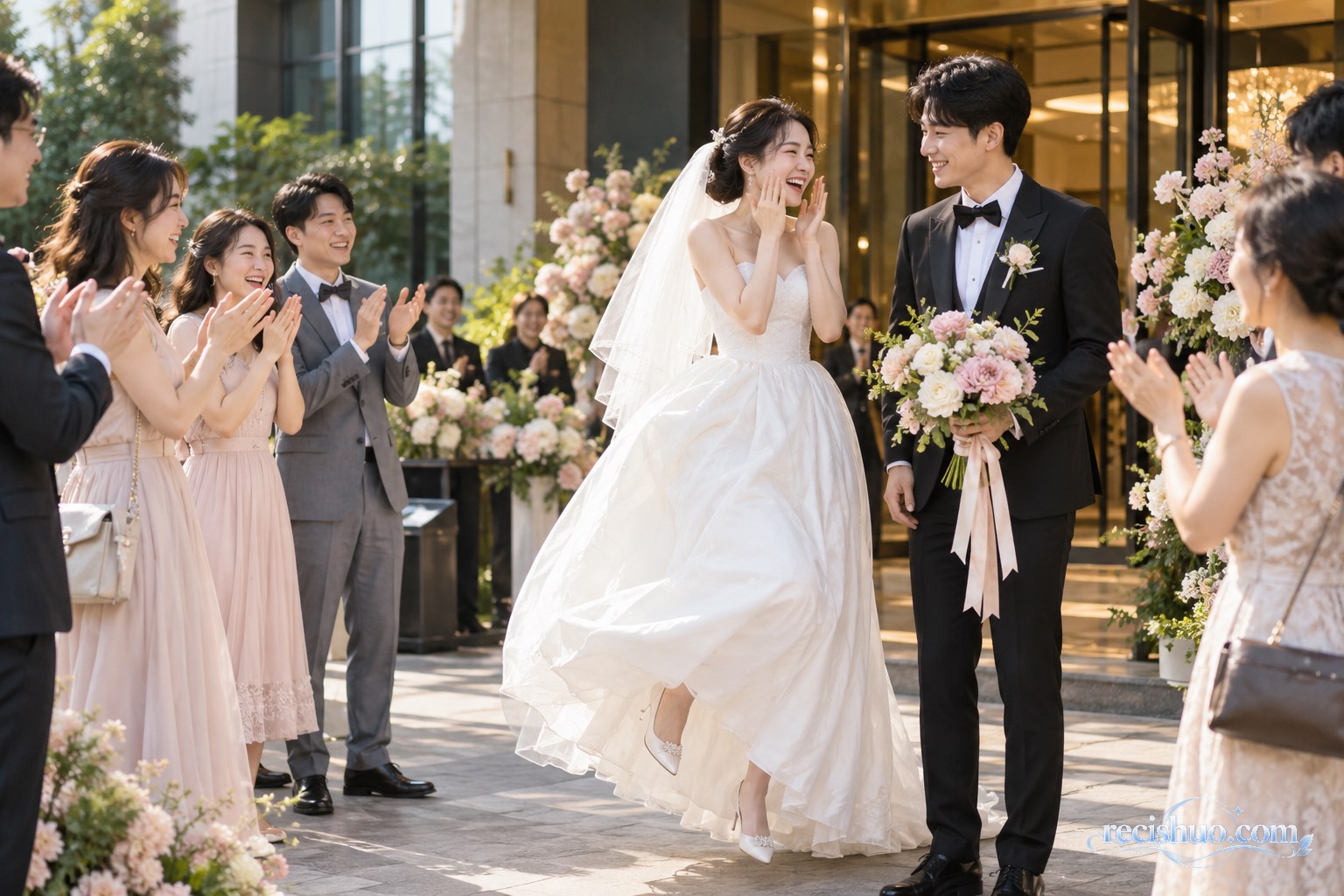 婚礼迎宾区内,新娘收到意外祝福后开心跃起,亲友在旁鼓掌